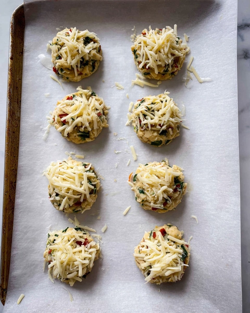 There are eight small round dough pieces on white parchment paper on a baking tray with a slightly worn look. Each dough piece has a mixed texture showing bits of green and red ingredients, topped with a layer of shredded pale yellow cheese. The dough pieces are arranged in three rows, two rows having three pieces and one row having two pieces, spaced evenly. The background is a white marbled texture. photo taken with an iphone --ar 4:5 --v 7