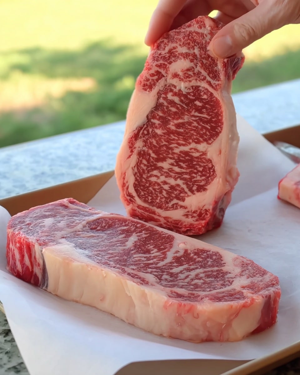 A close-up of two raw marbled steaks resting on white parchment paper over a tray. One steak lies flat on the parchment showing thick layers of pink red meat streaked with creamy white fat, while the other is held vertically by a woman’s fingers, displaying its wide, rich marbling in red and white, with smooth fat edges. The background displays a blurry outdoor scene with greenery, and the surface beneath the tray is a white marbled texture. photo taken with an iphone --ar 4:5 --v 7