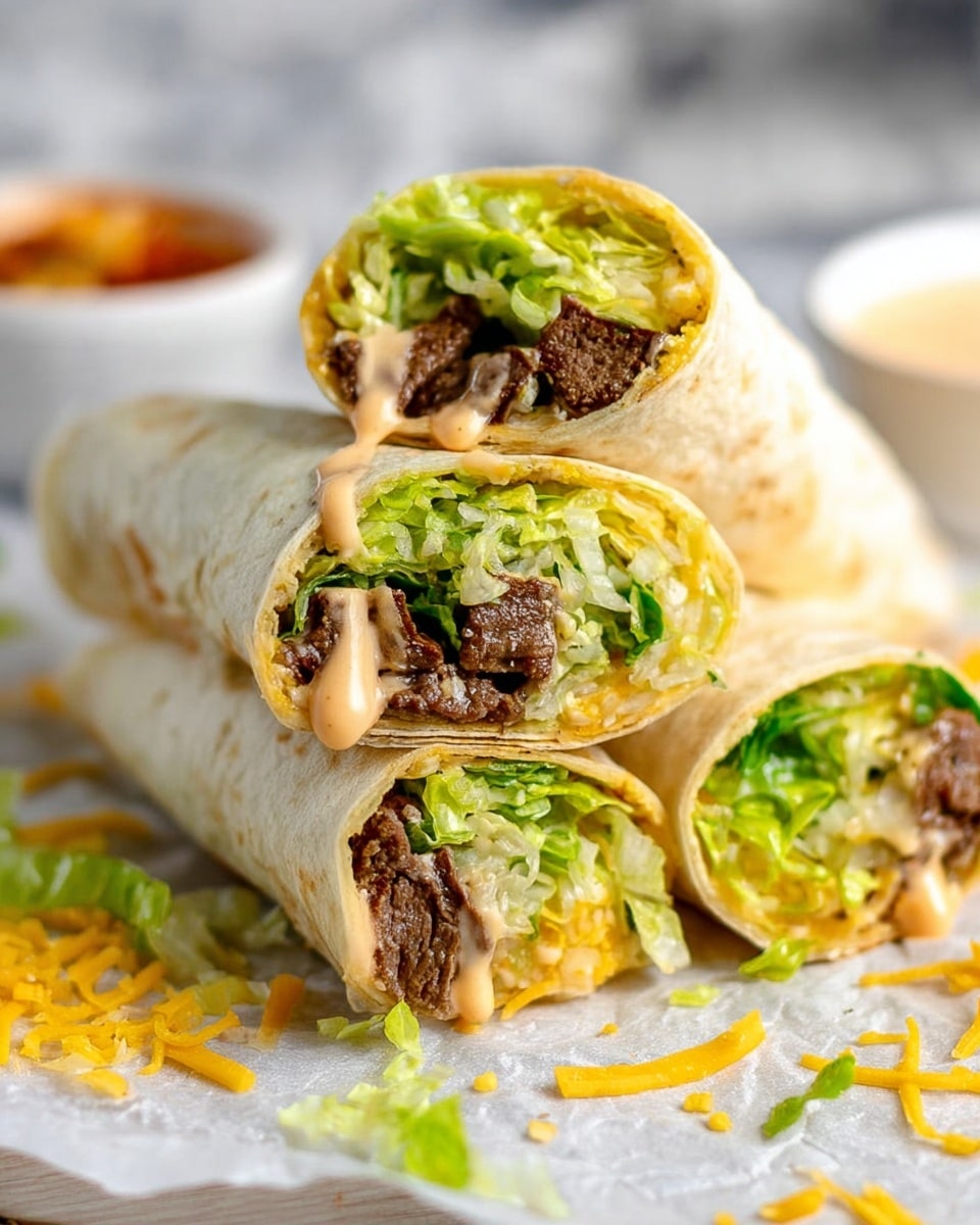 The image shows three wraps stacked together on white parchment. Each wrap is cut in half showing layers inside: a soft light beige tortilla, bright green leafy lettuce at the top, creamy light orange sauce dripping slightly, brown cooked beef pieces with juicy texture, and a bottom layer of yellow shredded cheese. Some small pieces of lettuce and cheese are scattered around on the white marbled surface. In the background, a white bowl is blurred out but visible. Photo taken with an iphone --ar 4:5 --v 7