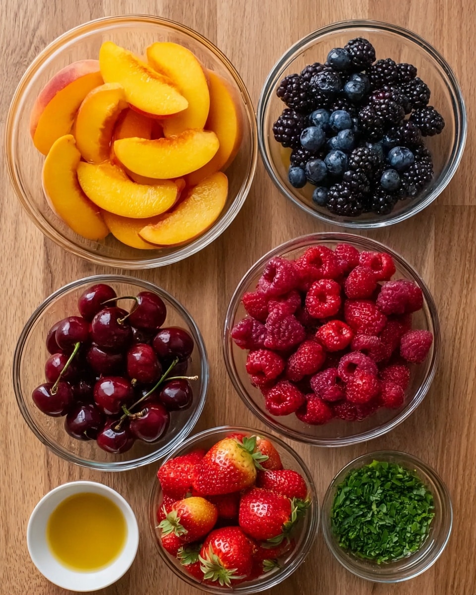 The image shows seven clear glass bowls arranged neatly on a light brown wooden surface. The largest bowl holds bright orange slices of peach with smooth textures and curved shapes. To the right, three smaller bowls are filled with raspberries, blackberries, and blueberries, each fruit showing rich red, deep black, and dark blue colors, respectively. Below those, two more bowls contain red cherries and sliced strawberries, the cherries shiny with a deep red color and the strawberries showing a bright red color with visible seeds and white centers. Below these fruit bowls are two tiny bowls, one holding a thick golden-yellow liquid, and the other finely chopped green herbs. All bowls sit on a smooth white marbled surface. photo taken with an iphone --ar 4:5 --v 7