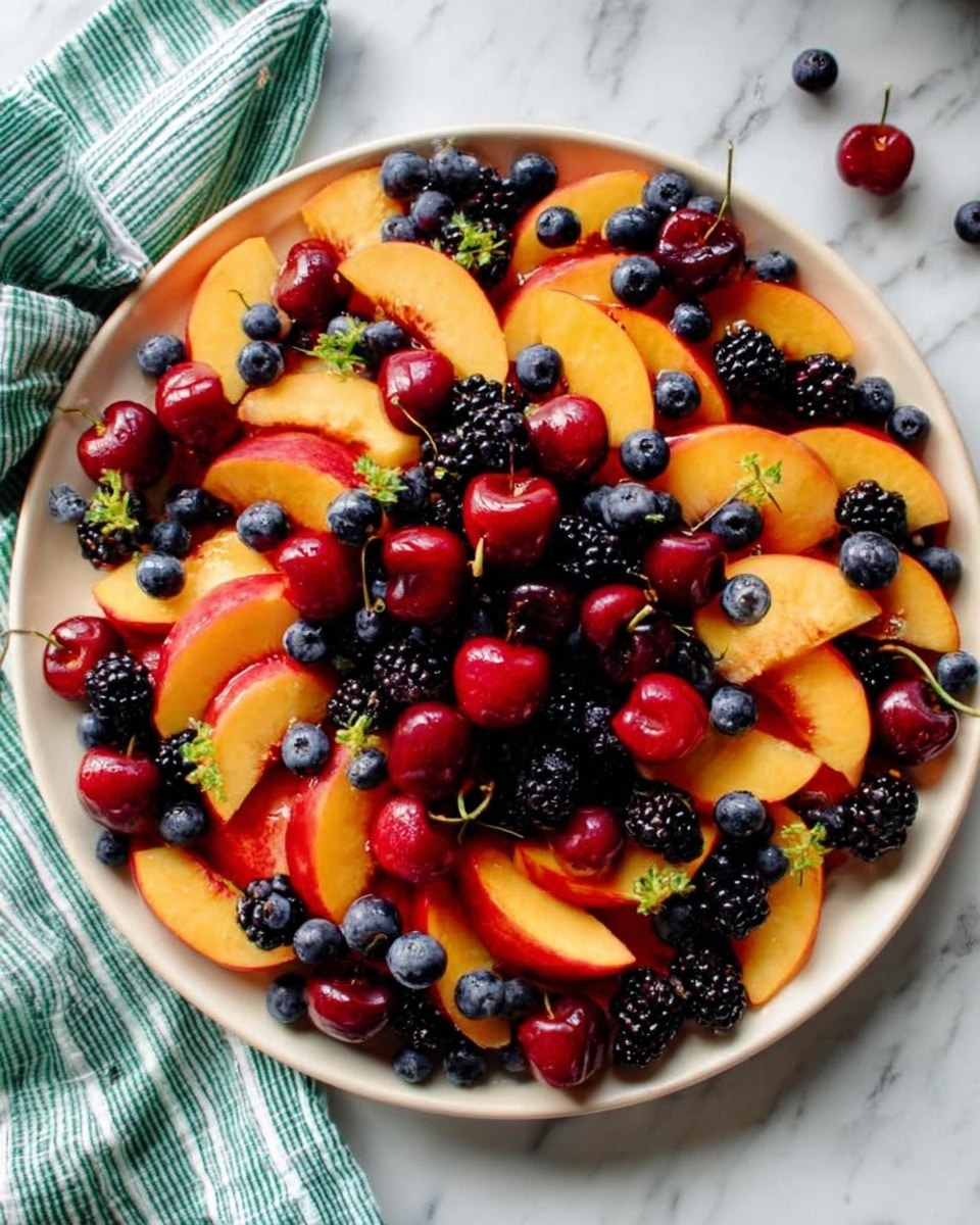 A white plate filled with a colorful fruit salad, arranged with several layers of fresh fruit. The base layer has thick slices of peach and nectarine in yellow-orange and red tones, spread evenly across the plate. On top, there are scattered round blueberries and dark blackberries adding deep blue and black colors. Small, bright red cherries with stems are mixed throughout, giving pops of red. The fruits look juicy and fresh, with a natural shine. The plate is placed on a white marbled surface with a green-striped cloth visible in one corner. photo taken with an iphone --ar 4:5 --v 7