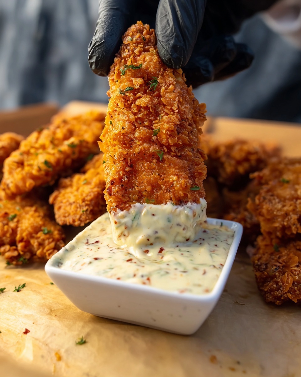 A close-up image shows a woman's hand wearing a black glove holding two crispy golden-brown fried chicken tenders. The tenders are dipped halfway into a thick, creamy dip with visible green herbs and red spices. The background includes a blurred wooden tray filled with more chicken tenders and a square white bowl holding the creamy dip, all placed on a white marbled surface. The picture is sharp, showcasing the crunchy texture of the chicken and the thick, rich appearance of the dip photo taken with an iphone --ar 4:5 --v 7