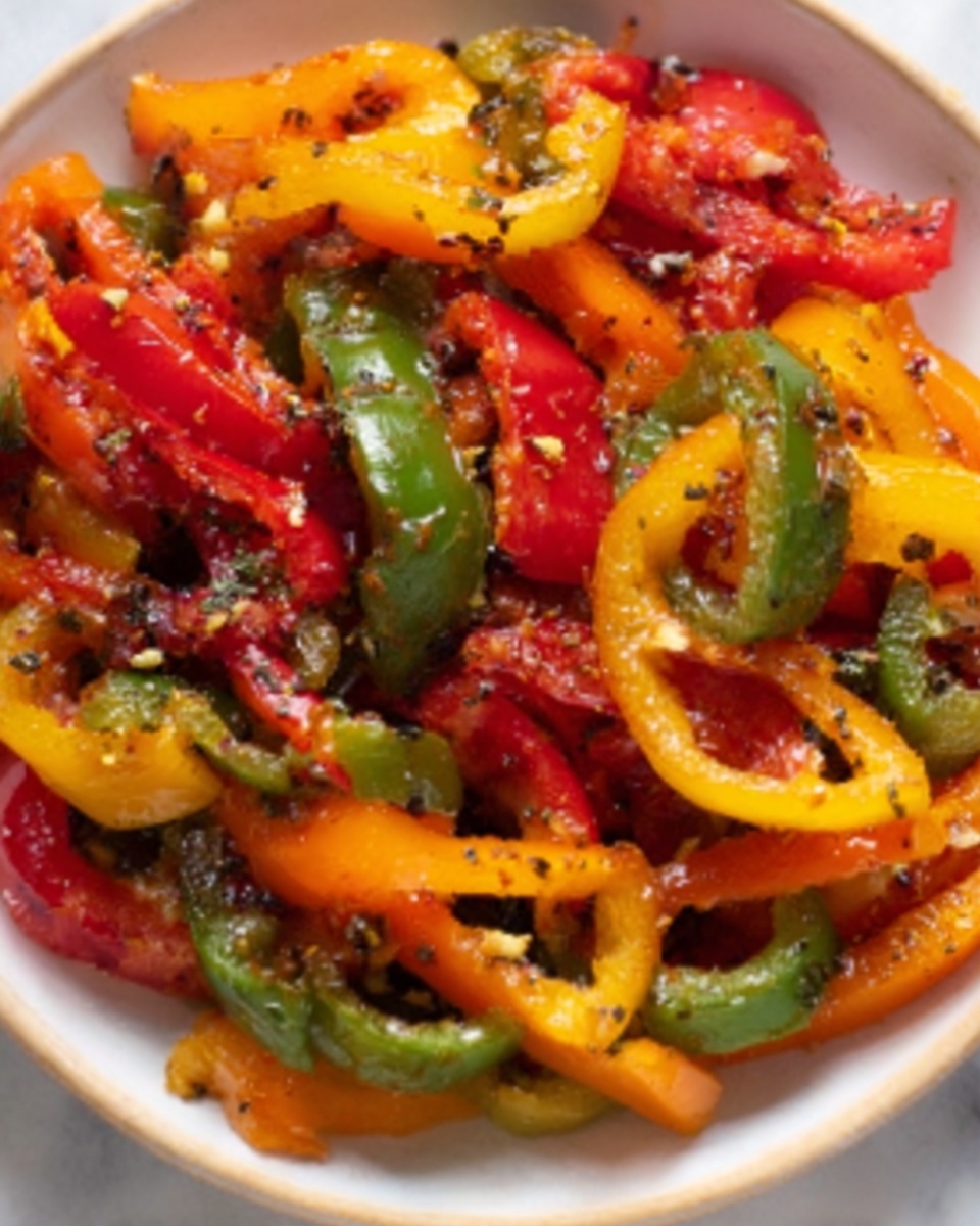 The image shows a close-up of several cooked slices of bell peppers in red, orange, yellow, and green colors. The peppers are soft and slightly shiny, with some light charring and a little bit of herbs and small seasoning bits scattered on top. The peppers are layered unevenly, creating a colorful, textured pile on a white plate, all placed on a white marbled surface. Photo taken with an iphone --ar 4:5 --v 7
