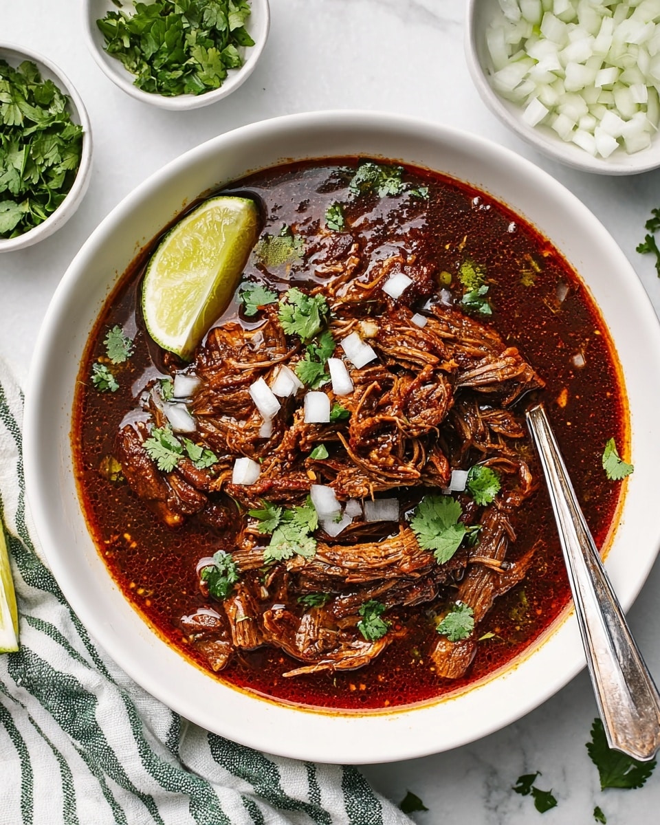 A white bowl filled with a dark red, rich stew made of shredded brown meat in a thick, oily broth; the stew is topped with small chunks of white onion and scattered bright green cilantro leaves, with a half lime wedged on the left side near the edge; a silver spoon rests inside the bowl on the right side; the bowl is placed on a white marbled surface with small bowls of chopped onion, lime slices, and cilantro around it, along with a green and white striped cloth under the spoon side photo taken with an iphone --ar 4:5 --v 7