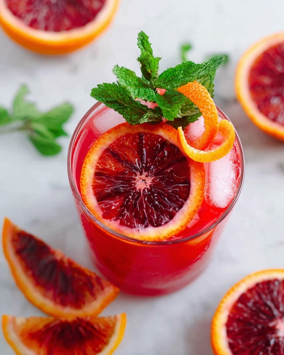 A clear glass filled with bright red liquid and a few light pink ice cubes near the top, layered with a large, round slice of blood orange floating on the surface showing deep red and orange colors. On top, there is a fresh green mint sprig placed next to a small orange peel curl twisted upright. The glass is placed on a white marbled surface with several similar blood orange slices laid around it, creating a fresh and vibrant look. Photo taken with an iphone --ar 4:5 --v 7