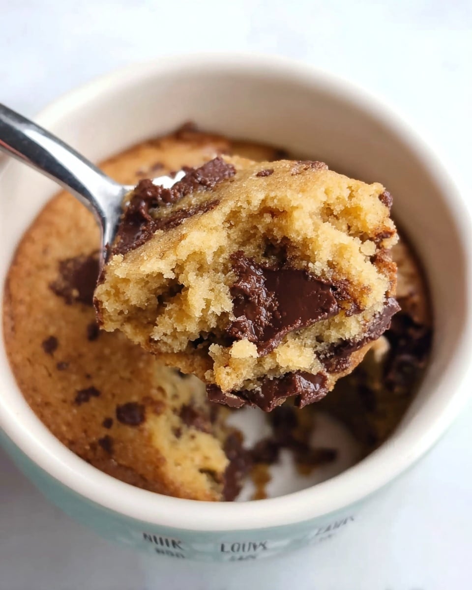 A close-up view of a soft, golden-brown baked cookie with visible dark chocolate chunks inside, served in a white mug with measurement markings inside; a silver spoon lifts a portion of the warm, crumbly cookie, showing a moist, dense texture with melted chocolate spots. The background and surface have a white marbled texture. Photo taken with an iphone --ar 4:5 --v 7