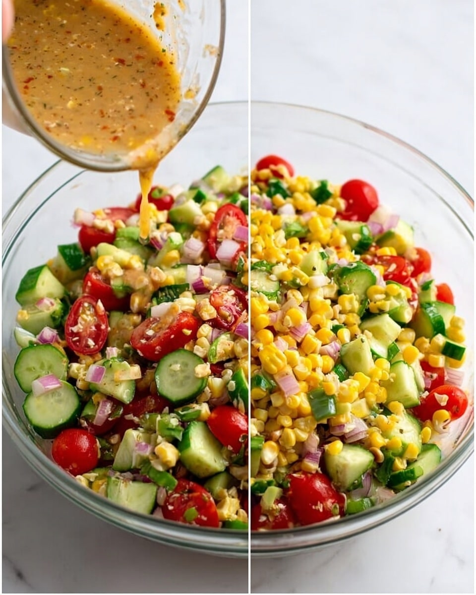 A clear glass bowl filled with a colorful salad showing three main layers: bright yellow corn pieces scattered throughout, green cucumber slices with some light green skin visible, and small red cherry tomato halves. Mixed in are small bits of light beige nuts or seeds and tiny pieces of red onion, adding texture and tiny pops of color. One image shows a light brown dressing being poured over the salad from a small glass container held by a woman's hand. The bowl is set against a white marbled surface. Photo taken with an iphone --ar 4:5 --v 7