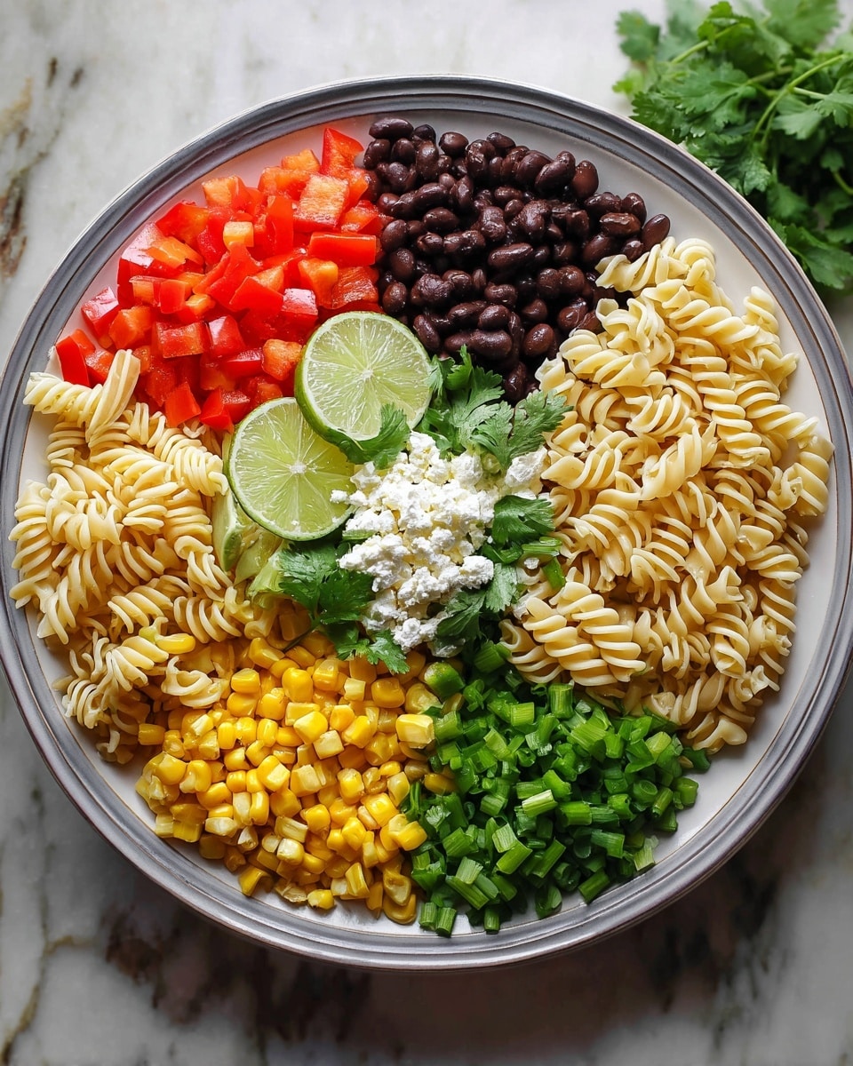 The dish is served on a white plate with a gray rim, placed on a white marbled surface. It has six distinct layers arranged side by side in a circular pattern: bright red diced bell peppers on the left, dark brown black beans on the top, light beige spiral pasta on the right, golden yellow corn kernels at the bottom right, and vibrant green chopped scallions at the bottom left. In the middle of the plate, there is a small pile of white crumbled cheese topped with fresh green cilantro leaves and three lime wedges. The colors are vibrant, and the textures range from smooth pasta, firm beans, crunchy peppers and scallions, to soft corn and crumbly cheese. Photo taken with an iphone --ar 4:5 --v 7