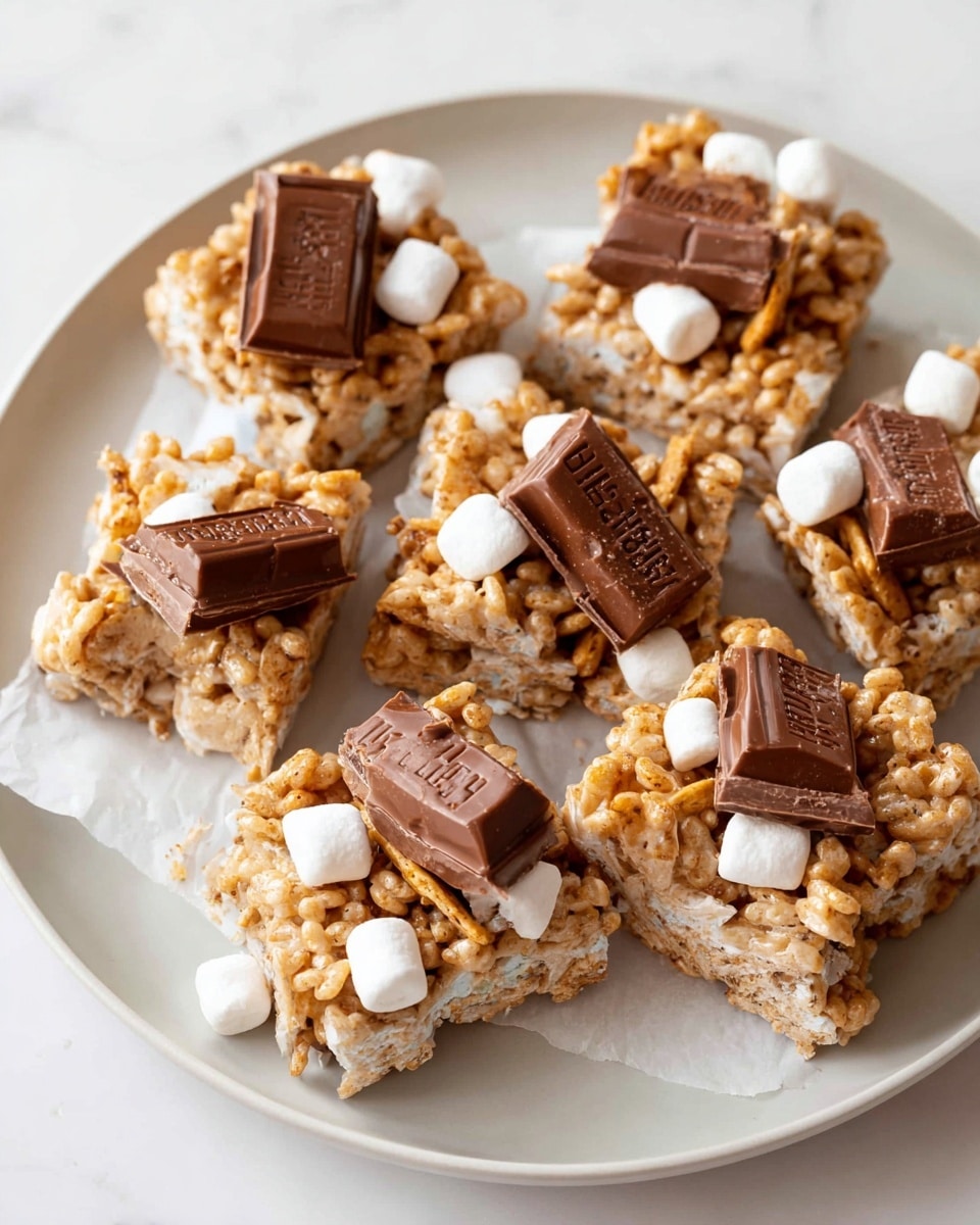 This image shows seven square pieces of a treat arranged on white parchment paper over a white plate. Each piece has a main layer of light beige puffed rice cereal held together by a glossy, sticky white layer that looks soft. Mixed into this main layer are chunks of toasted golden brown crackers. On top of the cereal layer, there are melted milk chocolate pieces with a smooth texture, some showing the Hershey’s logo. Scattered small white marshmallows add a soft, pillowy contrast to the crispy cereal and gooey chocolate. The plate sits on a white marbled surface that looks clean and bright. Photo taken with an iphone --ar 4:5 --v 7