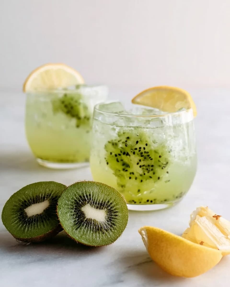 The image shows two short clear glasses filled with a light green drink containing small kiwi seed bits settled at the bottom layer, topped with ice and a pale yellow lemon slice on the rim. In the foreground, there are also two halves of a kiwi fruit with the green flesh and black seeds clearly visible and a partially peeled lemon wedge placed on a white marbled surface. The light and soft background focuses on the fresh and bright colors of the fruit and drinks. photo taken with an iphone --ar 4:5 --v 7