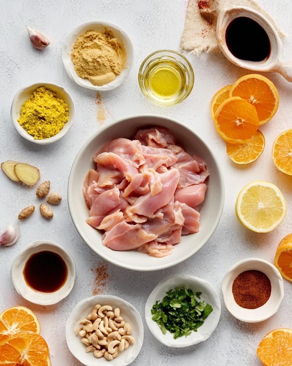 A white bowl filled with raw pink chicken slices sits in the center on a white marbled surface. Surrounding this bowl are small white dishes, each holding different colorful ingredients: pale yellow minced ginger, dark brown soy sauce, bright yellow grated ginger, fresh green chopped herbs, light orange liquid juice, dark brown ground spices, light tan chopped garlic, and a small glass cup with chopped lemon. There are also halved oranges and scattered nuts on the surface. A woman’s hand reaches from the top right corner toward the lemon. Photo taken with an iphone --ar 4:5 --v 7