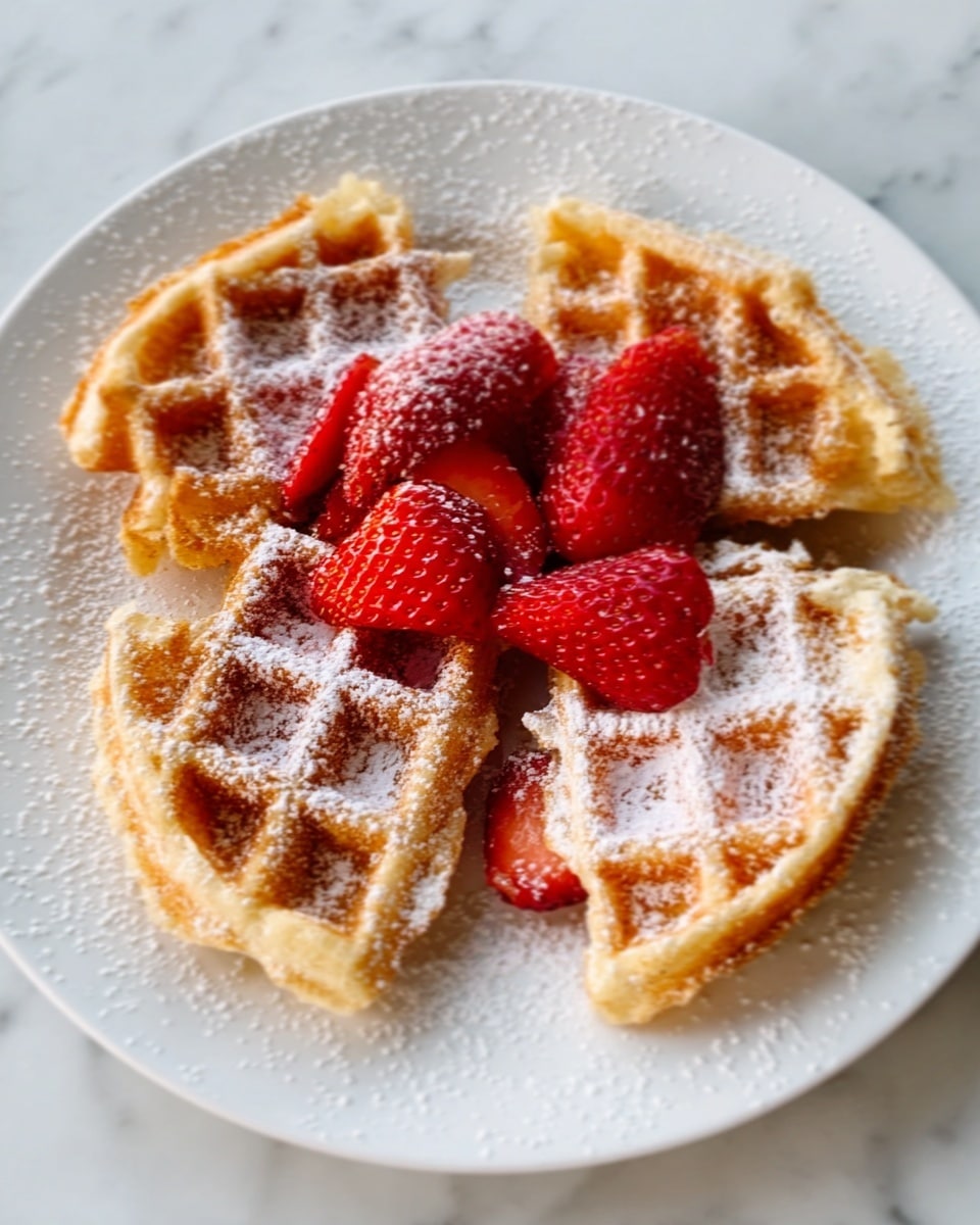 The image shows a close-up of four golden brown waffle quarters arranged in a loose circle on a white marbled surface with a dusting of powdered sugar on top. Inside the center of the waffle pieces, there are several bright red strawberry halves, adding a fresh, juicy contrast to the warm waffles. The texture of the waffles is slightly crispy on the outside with soft, fluffy inside areas visible where they overlap. The powdered sugar adds a snowy white layer, softening the warm tones of the waffle. Photo taken with an iphone --ar 4:5 --v 7
