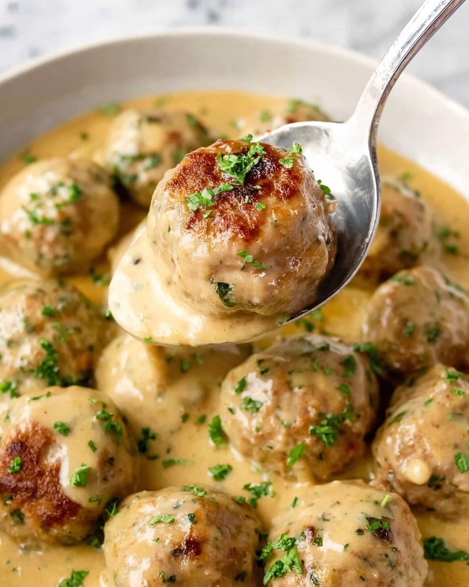 A close-up view of several small round meatballs with a light golden-brown outside and green herb flecks, all covered in a thick creamy light beige sauce with small bits visible inside. One meatball is lifted on a silver spoon, showing the sauce dripping slightly with fresh green herbs sprinkled on top of the meatballs in the white bowl. The background is a white marbled surface. photo taken with an iphone --ar 4:5 --v 7