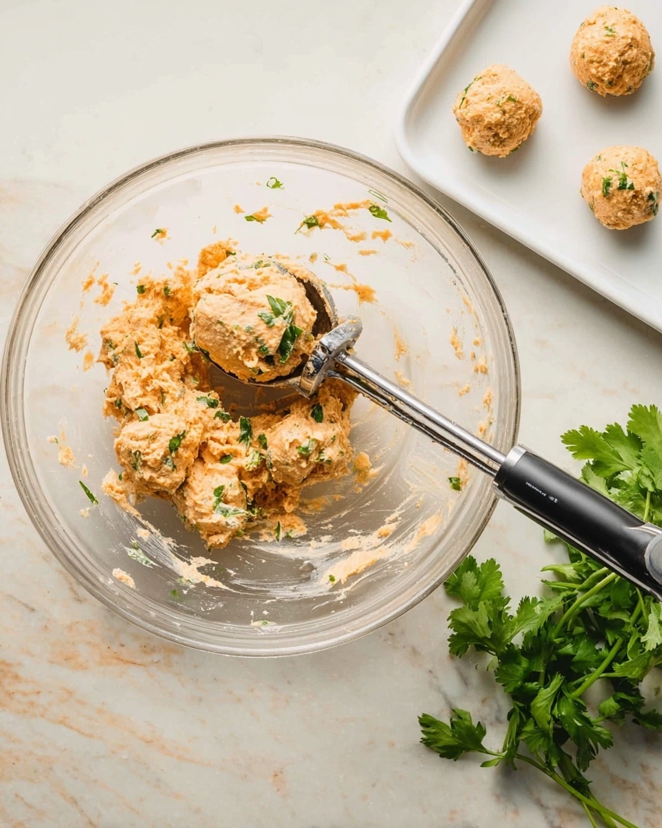 A clear glass bowl sits on a white marbled surface filled with a light orange, slightly chunky mixture with small green herb bits mixed throughout. A metal ice cream scooper with black handles is resting inside the bowl, holding some of the mixture. To the right, there is a white tray with three evenly spaced small round balls of the same mixture. Below the tray, a bunch of fresh green coriander leaves lies on the surface. The lighting is bright and natural, highlighting the textures of the mixture, tray, and leaves photo taken with an iphone --ar 4:5 --v 7