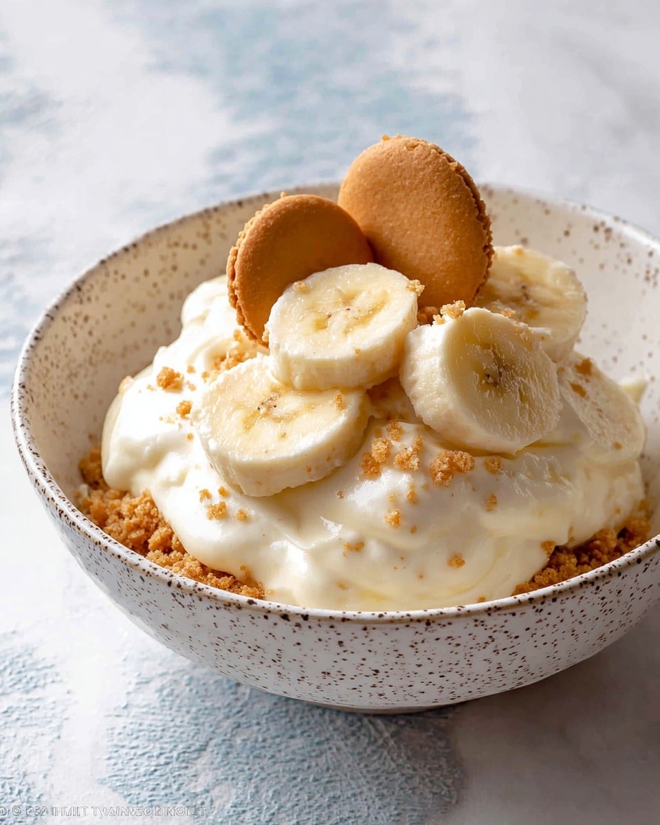 The dish is served in a white speckled bowl on a white marbled surface. It has three main layers: at the bottom, there are crushed light golden cookie crumbs; in the middle, there is a thick, creamy white pudding with a smooth texture; on top, there are round slices of banana that are pale yellow with small brown spots. Additionally, three whole light brown cookies are placed standing upright, partially embedded into the pudding, adding height and texture contrast. The pudding looks soft and piled high, almost overflowing the bowl. Photo taken with an iphone --ar 4:5 --v 7