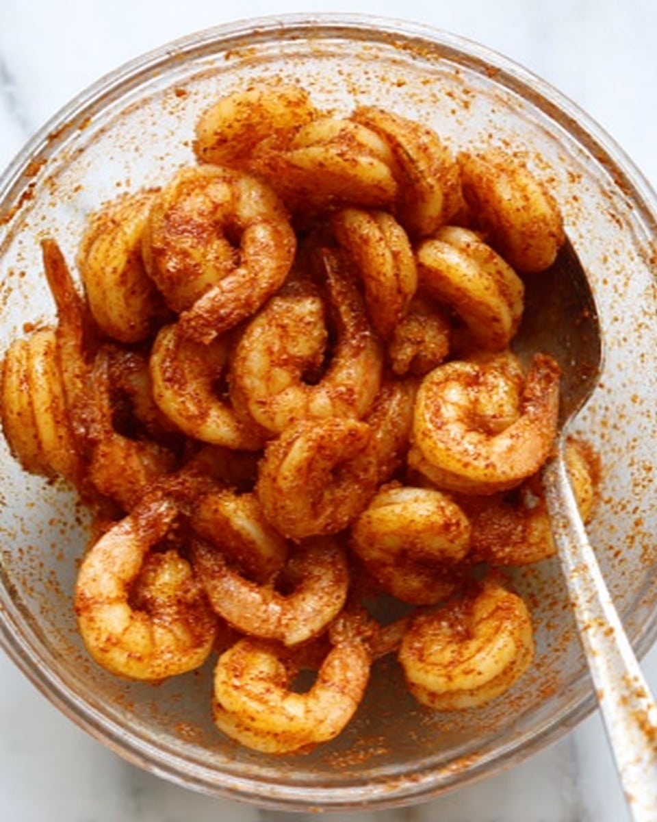 The image shows a clear glass bowl filled with many peeled shrimp, all covered in a reddish-brown spice mix. The shrimp are layered closely together with a spoon resting inside the bowl on the right side. The bowl sits on a white marbled surface. The shrimp have a slightly shiny texture from the spices and oil coating them, and the spice mix gives a grainy appearance to the shrimp. photo taken with an iphone --ar 4:5 --v 7