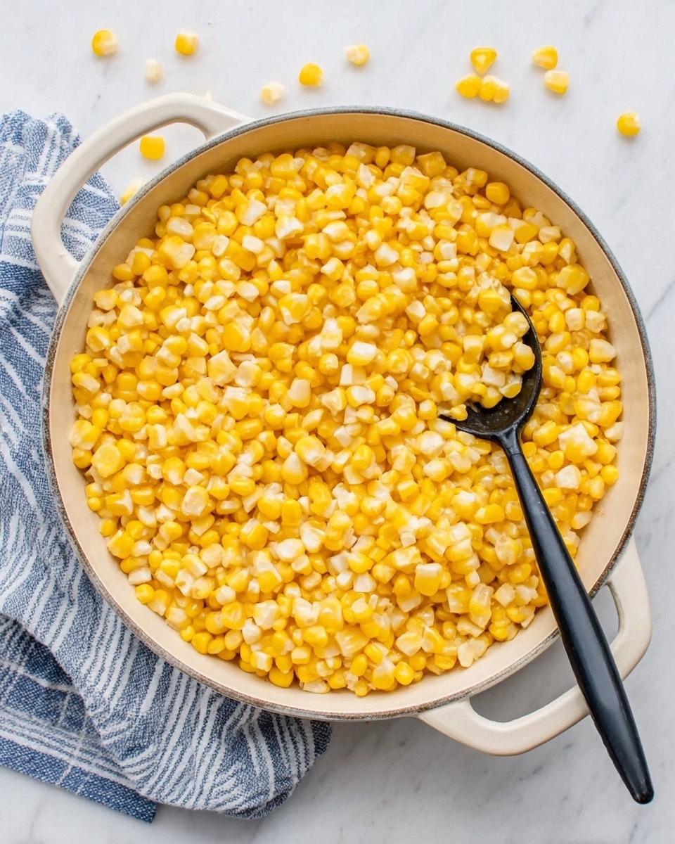 A close-up top view of a white cast iron pan filled with yellow and white corn kernels, showing a thick layer of corn covering the entire pan. A black spoon rests inside the pan on the right side, scooping up some corn. The pan handle extends to the top left corner. The pan sits on a white marbled surface with a small blue and white striped cloth partially visible on the bottom left. Photo taken with an iphone --ar 4:5 --v 7