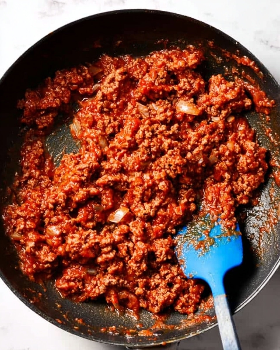 The image shows a close-up of a black frying pan filled with cooked ground meat mixed with red tomato sauce. The mixture has a rough texture with visible small pieces of onions and spices. A blue silicone spatula is resting in the pan on the right side, appearing slightly smeared with the sauce. The background is a white marbled texture. photo taken with an iphone --ar 4:5 --v 7