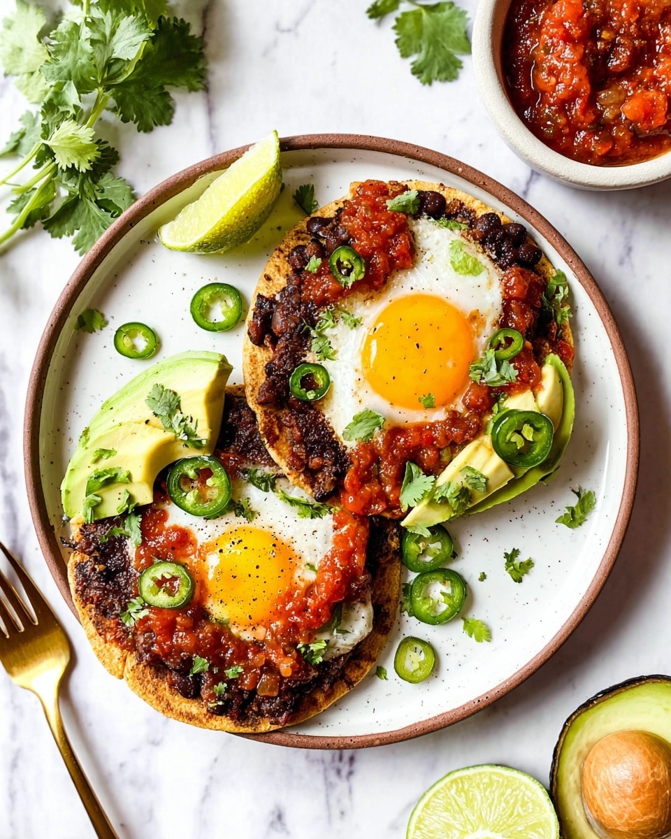 The image shows two small tortillas on a white plate with a brown rim, each topped with a layer of dark refried beans, a sunny-side-up egg with a bright yellow yolk, and red chunky salsa. One tortilla has a few slices of light green avocado and thin green jalapeño slices on the top. Fresh chopped cilantro is scattered around and on top, with a lime wedge and extra cilantro placed decoratively on the plate. A small bowl of chunky red salsa sits near the top right corner, and a halved lime and avocado are placed on the white marbled surface around the plate. A woman's hand holding a gold fork is visible near the bottom left corner. photo taken with an iphone --ar 4:5 --v 7