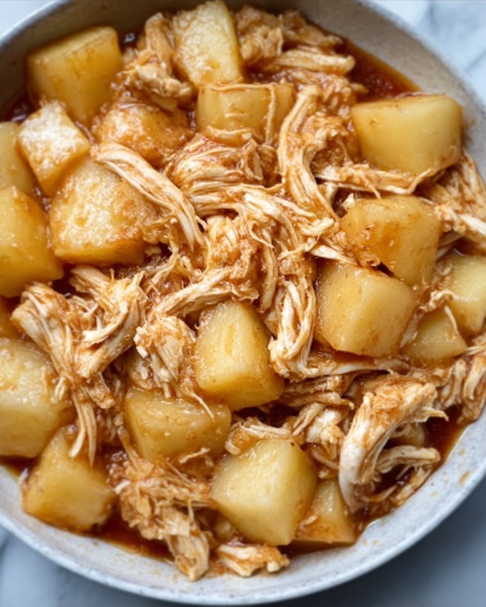 The image shows a close-up of a dish with shredded white chicken layered evenly across the bottom, mixed with soft, golden-brown potato cubes spread throughout. The chicken strands have a tender, moist texture with a slight shine, while the potato pieces appear smooth and cooked through. The dish is in a white bowl with a warm, light brown sauce coating the ingredients, adding a subtle gloss over the chicken and potatoes. The background is a white marbled surface. photo taken with an iphone --ar 4:5 --v 7