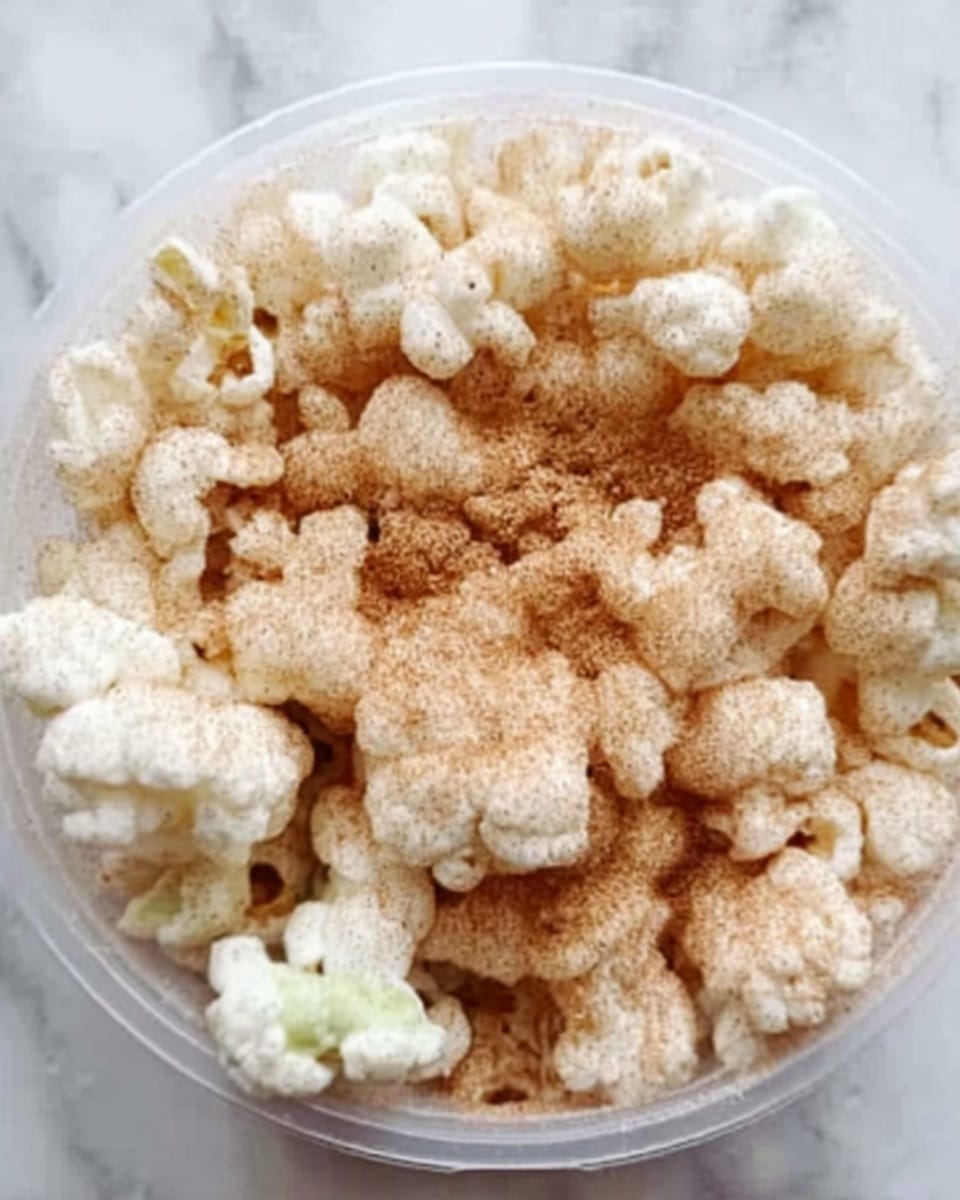 The image shows a clear container filled with white popcorn covered with a light brown powder evenly sprinkled on top. The popcorn pieces are fluffy and slightly uneven in shape, with the powder resting mostly on the tops and sides of each piece. The container is placed on a white marbled surface. photo taken with an iphone --ar 4:5 --v 7