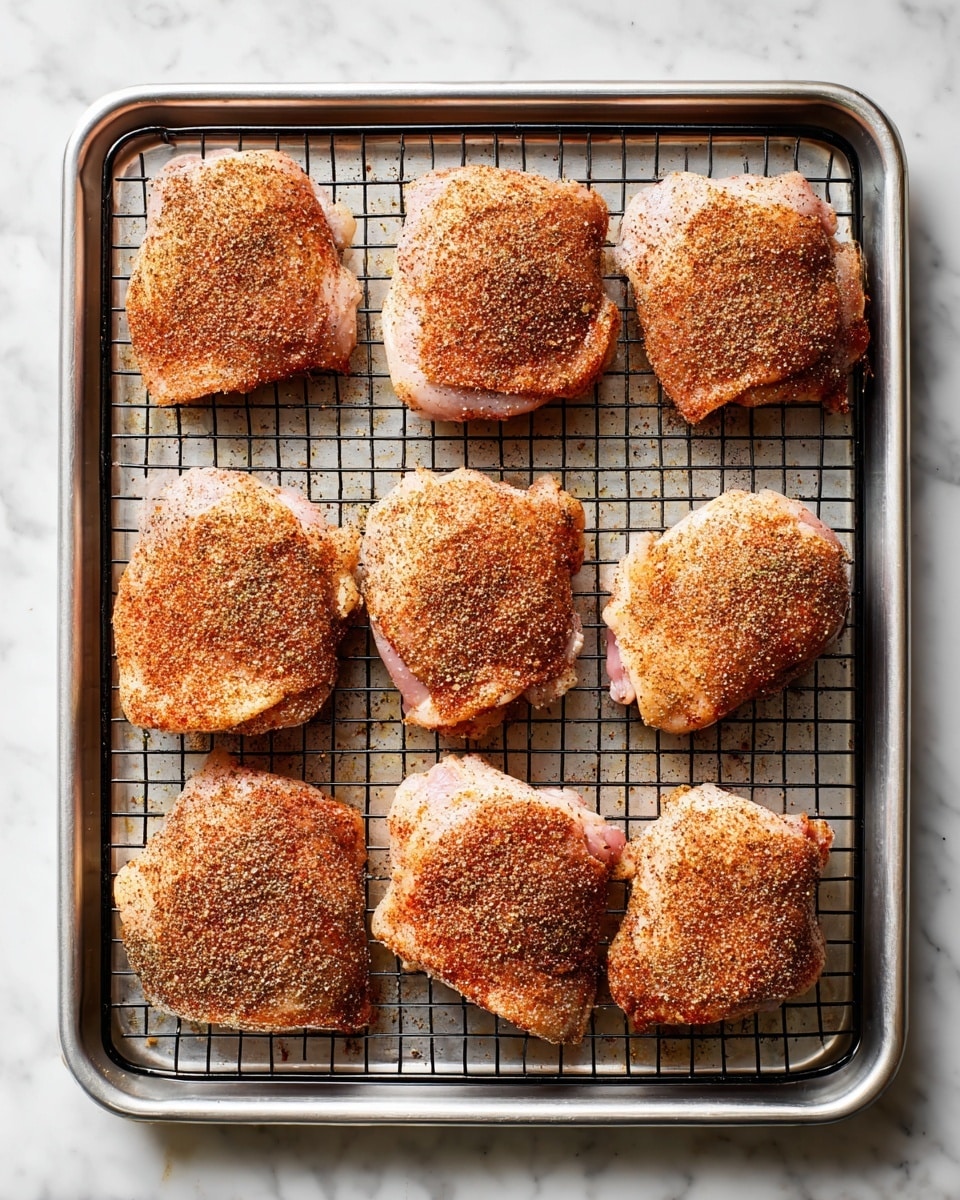 Eight pieces of raw chicken thighs are spread out in two columns and four rows on a black wire rack inside a silver baking tray. Each chicken piece is covered evenly with a mix of reddish and brown spices that create a coarse textured layer on top. The tray sits on a white marbled surface with some deeper shadows beneath the wire rack for contrast. The chicken pieces have a light pink base color visible under the thick spice layer, showing natural texture and slight curves on the meat. photo taken with an iphone --ar 4:5 --v 7