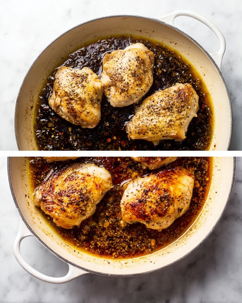A white cast iron pan with four cooked, golden brown chicken pieces inside, seasoned with black pepper and light browning on the surface, resting on a white marbled background; next to it, the same pan filled with dark brown bubbling sauce with small bits floating, positioned the same way on the white marbled surface photo taken with an iphone --ar 4:5 --v 7