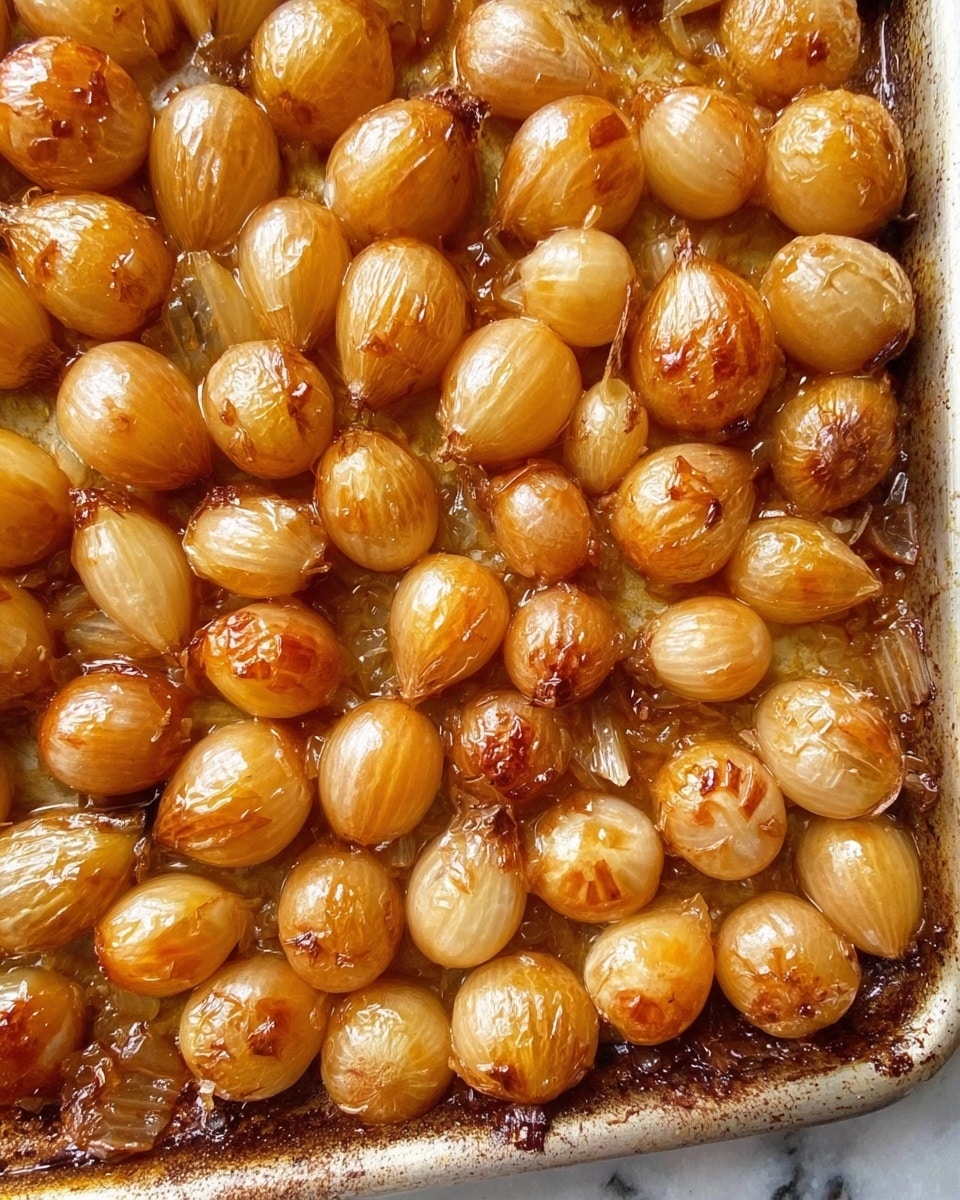 The image shows a baking tray filled with many small cooked onions. The onions are golden brown with a shiny, smooth, and soft texture showing a slight glaze, and they are mostly whole with some slightly split. The onions are closely packed covering the entire tray, and the edges of the tray show some browning and caramelization. The background is a white marbled texture. photo taken with an iphone --ar 4:5 --v 7