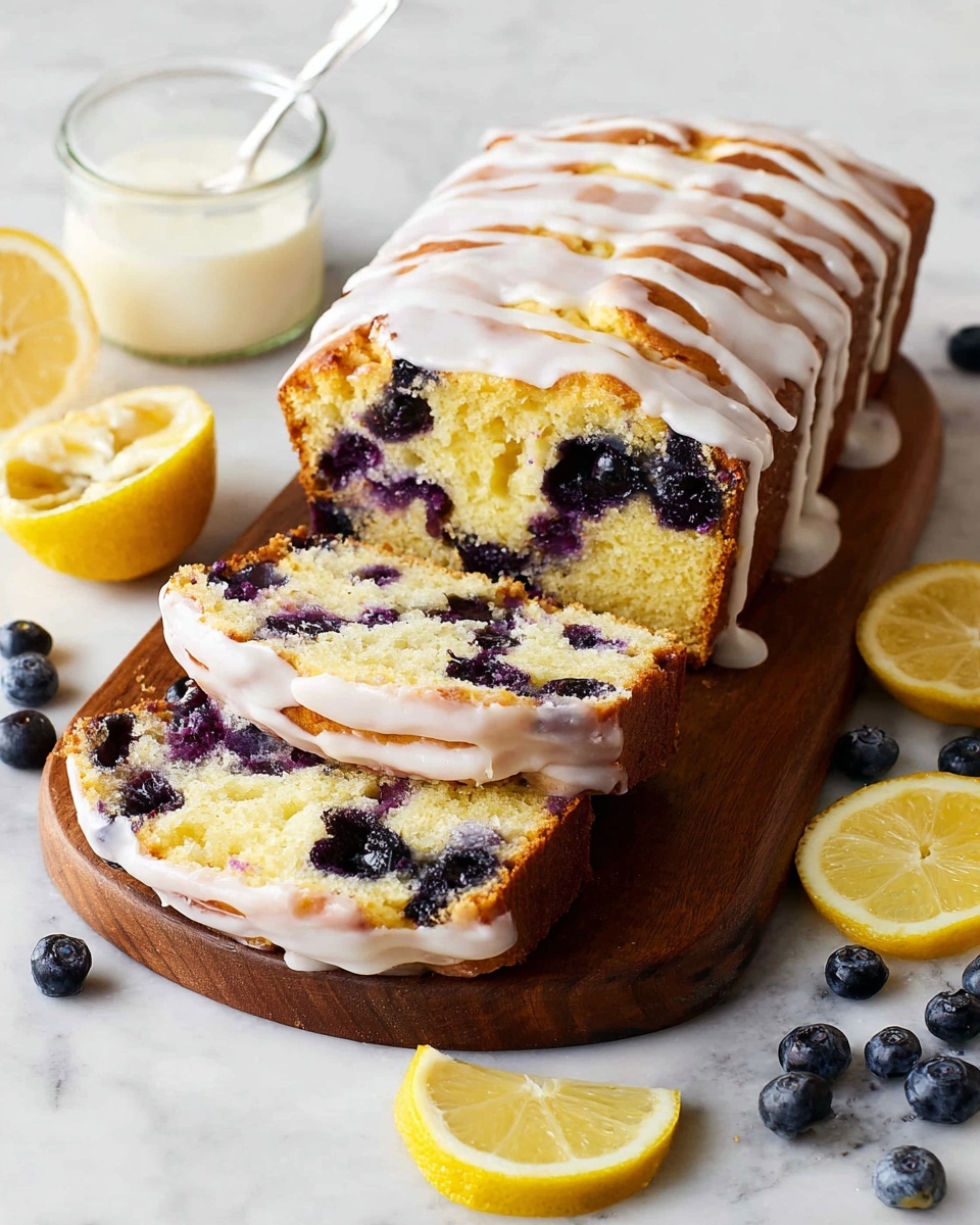 A loaf of blueberry cake with two slices cut and laid flat, showing a soft yellow crumb filled with dark purple blueberries inside. The cake is drizzled with white icing on top in thin lines. The cake sits on a round wooden board placed on a white marbled surface. Around the cake there are fresh blueberries, cut lemon slices, a whole lemon, and a small glass jar of white icing with a silver spoon inside. photo taken with an iphone --ar 4:5 --v 7