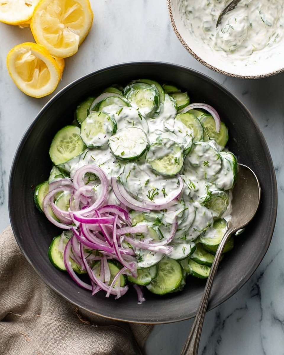 The image shows a dark bowl filled with three main layers: the bottom layer is thinly sliced green cucumbers evenly spread out, the middle layer consists of thin purple and white slices of red onion piled on one side, and the top layer is a thick, creamy white sauce with visible green herb flecks mostly covering the cucumbers. A silver spoon rests on the right side inside the bowl. Around the bowl, there are quartered lemon pieces and a white bowl with more of the same creamy sauce on a white marbled surface. A woman's hand is holding a napkin nearby. Photo taken with an iphone --ar 4:5 --v 7
