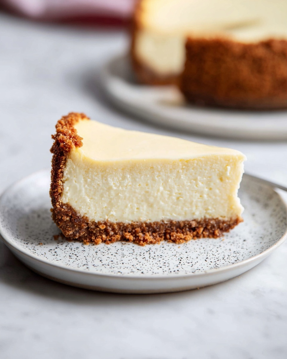 A single slice of cheesecake sits on a white plate with black specks, placed on a white marbled surface. The cheesecake has two layers: a thick, creamy pale yellow top layer with a smooth texture, and a brown crumbly crust at the bottom and around the side edges. The crust looks crunchy and contrasts with the soft cheese layer. In the blurred background, the rest of the cheesecake is visible on a similar plate. photo taken with an iphone --ar 4:5 --v 7