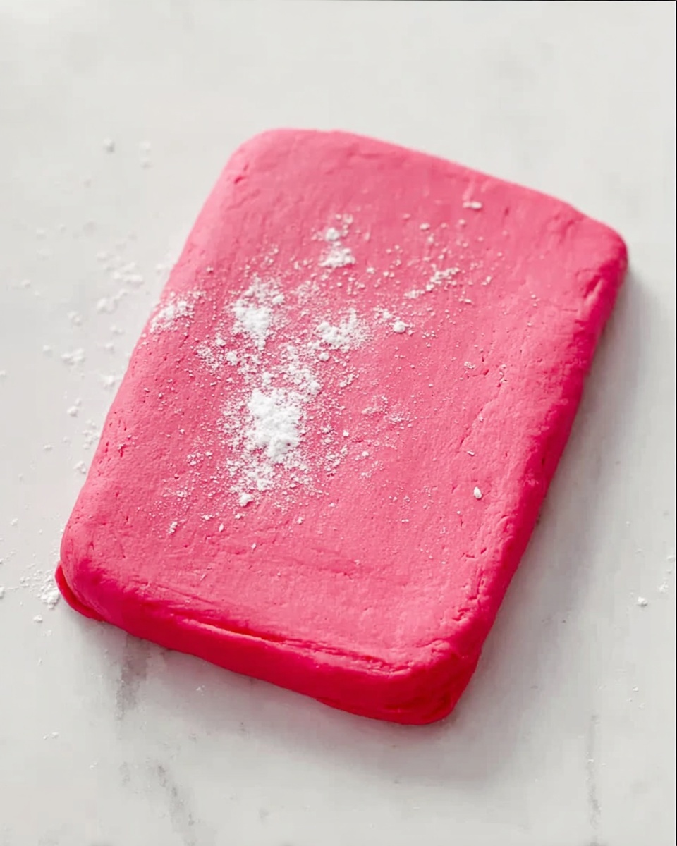 A smooth, rectangular block of bright pink dough with soft edges lies flat on a white marbled surface. Small spots of white powder are sprinkled unevenly across the top layer, adding texture to the otherwise smooth surface. The dough appears thick and dense, with a neat shape and no other visible layers or decorations. Photo taken with an iphone --ar 4:5 --v 7