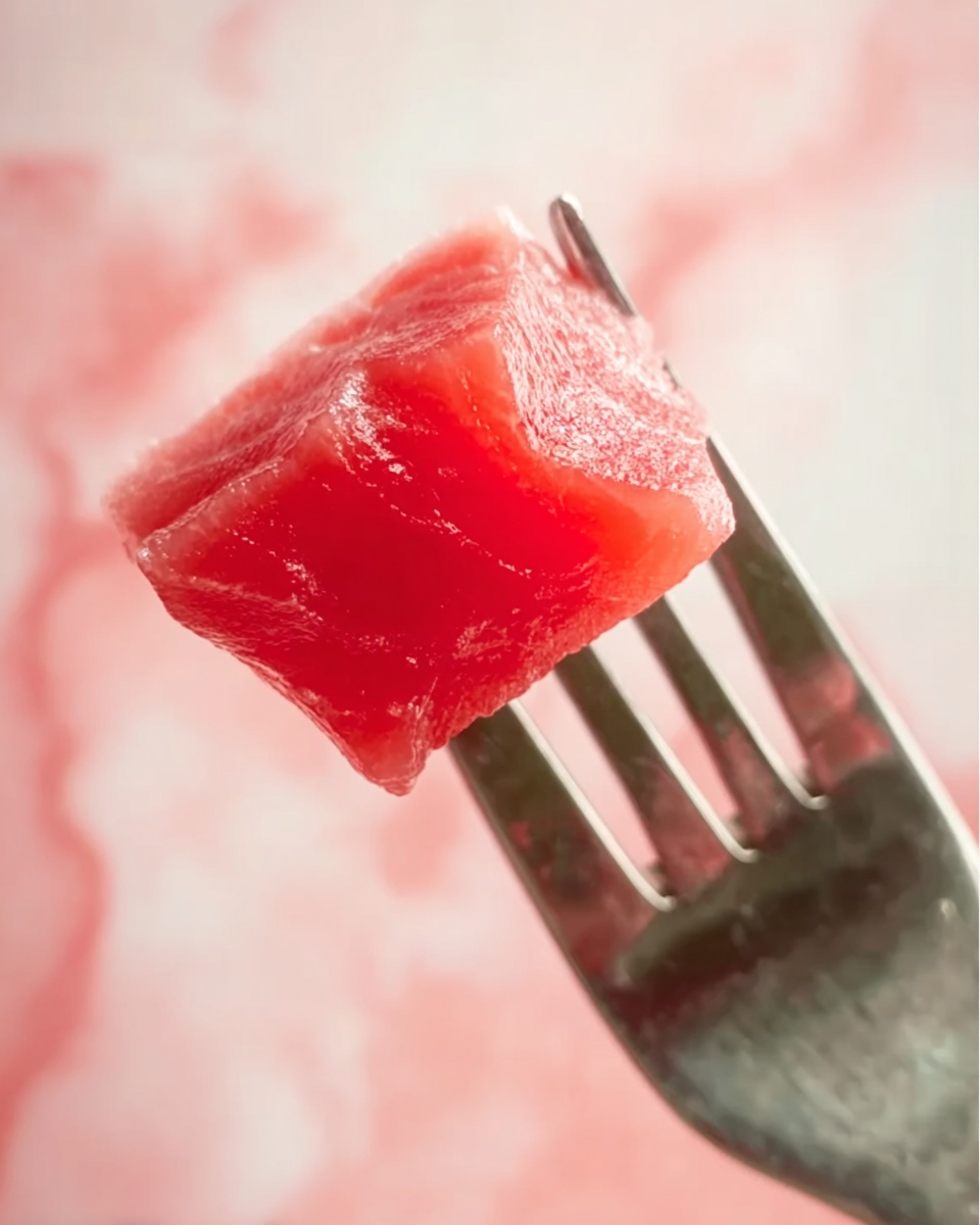 A close-up image of a shiny, red piece of raw fish with a smooth and moist texture held by the prongs of a metal fork. The fish piece is cube-shaped, with soft edges and a slightly translucent look. The background has a soft pink and white marbled texture, creating a gentle, clean contrast that highlights the piece of fish. Photo taken with an iphone --ar 4:5 --v 7