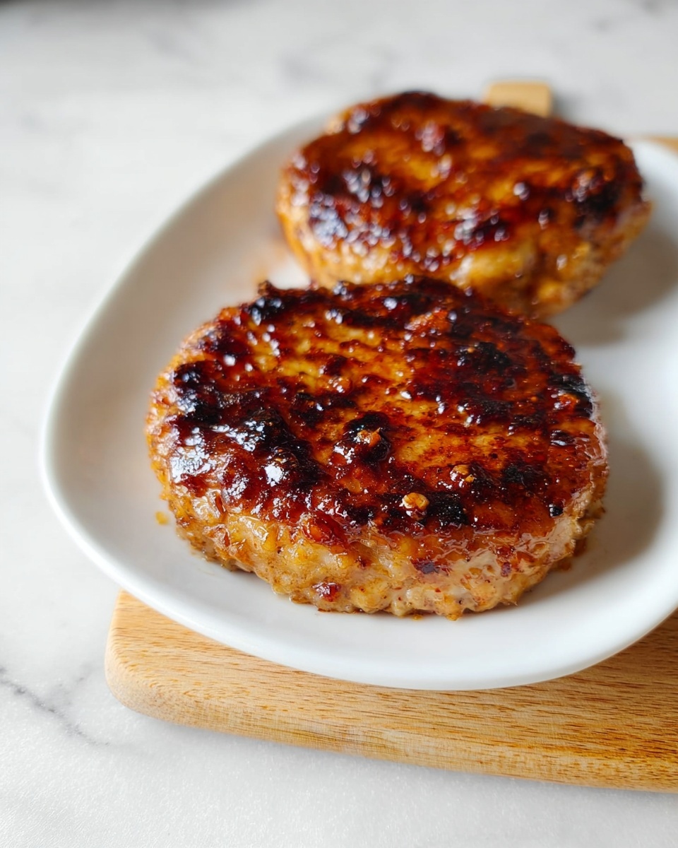 Two round, thick, cooked patties with a shiny, caramelized surface showing dark brown and golden colors sit side by side on a white plate. The patties have a slightly crisp, uneven texture on top, with small bits of cooked ingredients visible within. The plate is placed on a light wooden board, all set on a white marbled surface. Photo taken with an iphone --ar 4:5 --v 7