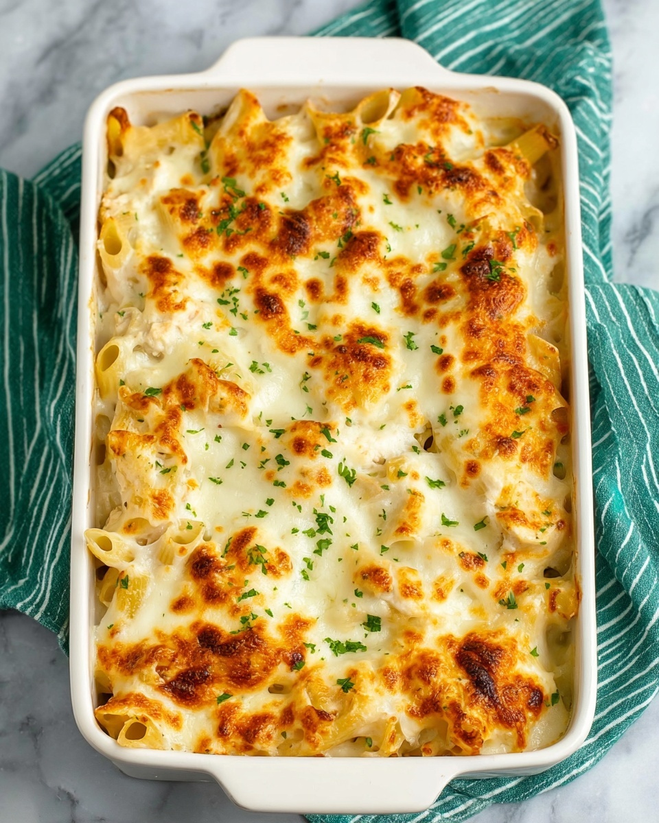 A white rectangular baking dish filled with a creamy baked pasta dish. The top layer is golden brown and bubbly melted cheese with small patches of light brown where the cheese has toasted. Below the cheese, there are short pasta tubes covered in white sauce, with bits of light tan cooked chicken pieces mixed in. The dish is sprinkled with small green herb flakes for color. The dish sits on a white marbled surface, with a green and white striped cloth partially visible behind it. photo taken with an iphone --ar 4:5 --v 7