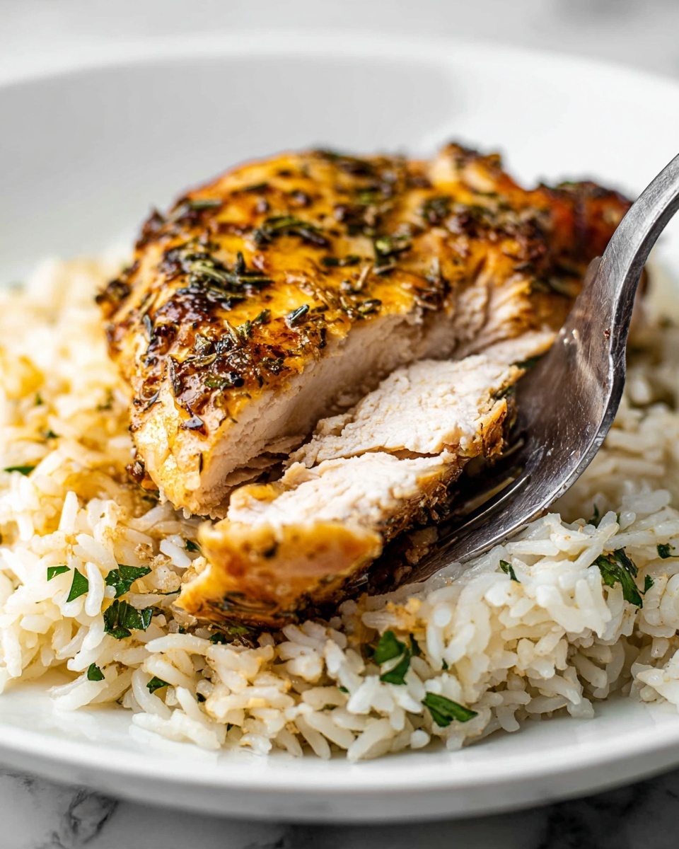 A white plate rests on a white marbled surface holding a piece of cooked chicken with a golden brown top layer covered in herbs and spices, positioned on top of a thick layer of fluffy cooked rice mixed with small green herb bits, all forming a single layered base. A metal fork pierces a small slice from the chicken, showing the light pinkish and juicy inside texture beneath the crispy, seasoned outside. The image is focused closely on the food, capturing the slight sheen on the chicken skin and the soft, grainy texture of the rice beneath. Photo taken with an iphone --ar 4:5 --v 7