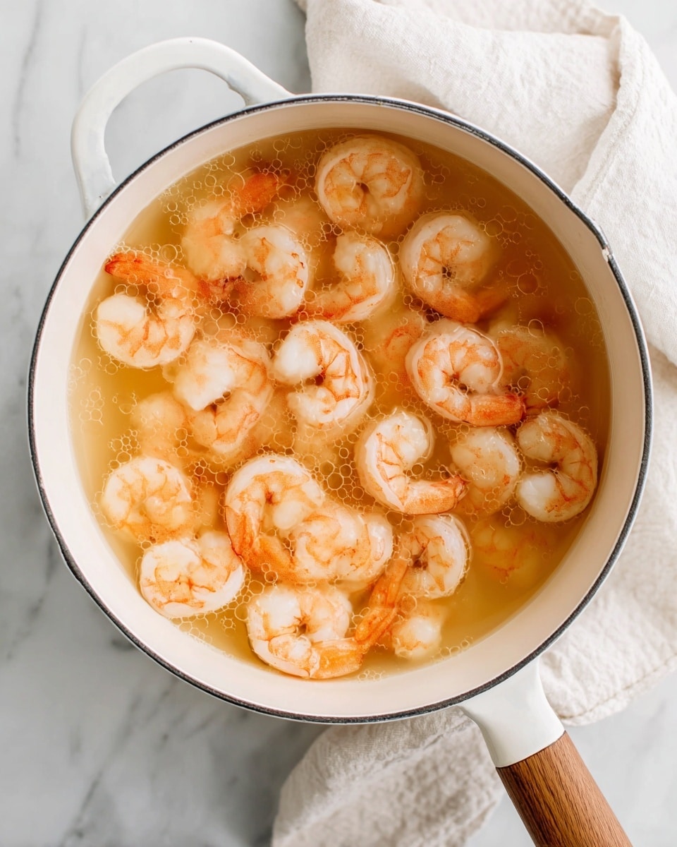 A white pot filled with many cooked shrimp sitting in clear broth, the shrimp are curled and have a mix of soft pink and orange colors with a smooth texture, some shrimp have a visible tail. The pot has a white handle with a wooden grip, and it sits on a white marbled surface with a white cloth napkin nearby. The broth has tiny bubbles around the edges of the pot. photo taken with an iphone --ar 4:5 --v 7