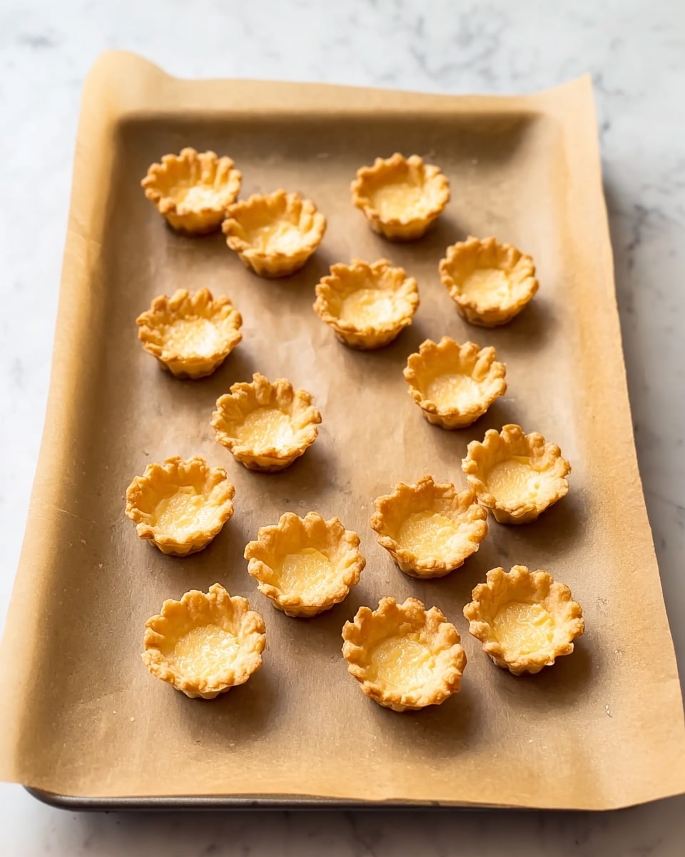 A baking tray lined with light brown parchment paper holds fifteen small, golden-brown pastry cups arranged loosely across the tray. Each cup has a ruffled, crimped edge and a hollow center, showing a slightly glossy, baked texture that suggests crispiness. The tray sits on a white marbled surface with subtle grey veins. There is soft, natural lighting coming from above, emphasizing the warm tones of the pastry cups. photo taken with an iphone --ar 4:5 --v 7