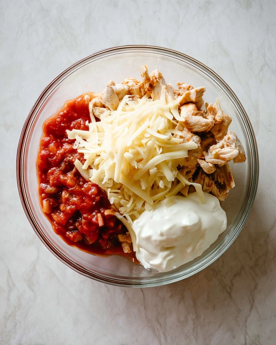 The image shows a clear glass bowl on a white marbled surface filled with four visible layers of ingredients. Starting from the bottom left, there is a chunky red tomato mixture with a slightly watery texture. Next to it, on the bottom right, are small pieces of cooked chicken with a light brown color and slightly rough texture. Above the chicken is a pile of pale yellow shredded cheese with thin, soft strands. To the right of the cheese is a fluffy dollop of white sour cream with a smooth texture. The ingredients are placed side by side, not mixed, inside the bowl. Photo taken with an iphone --ar 4:5 --v 7