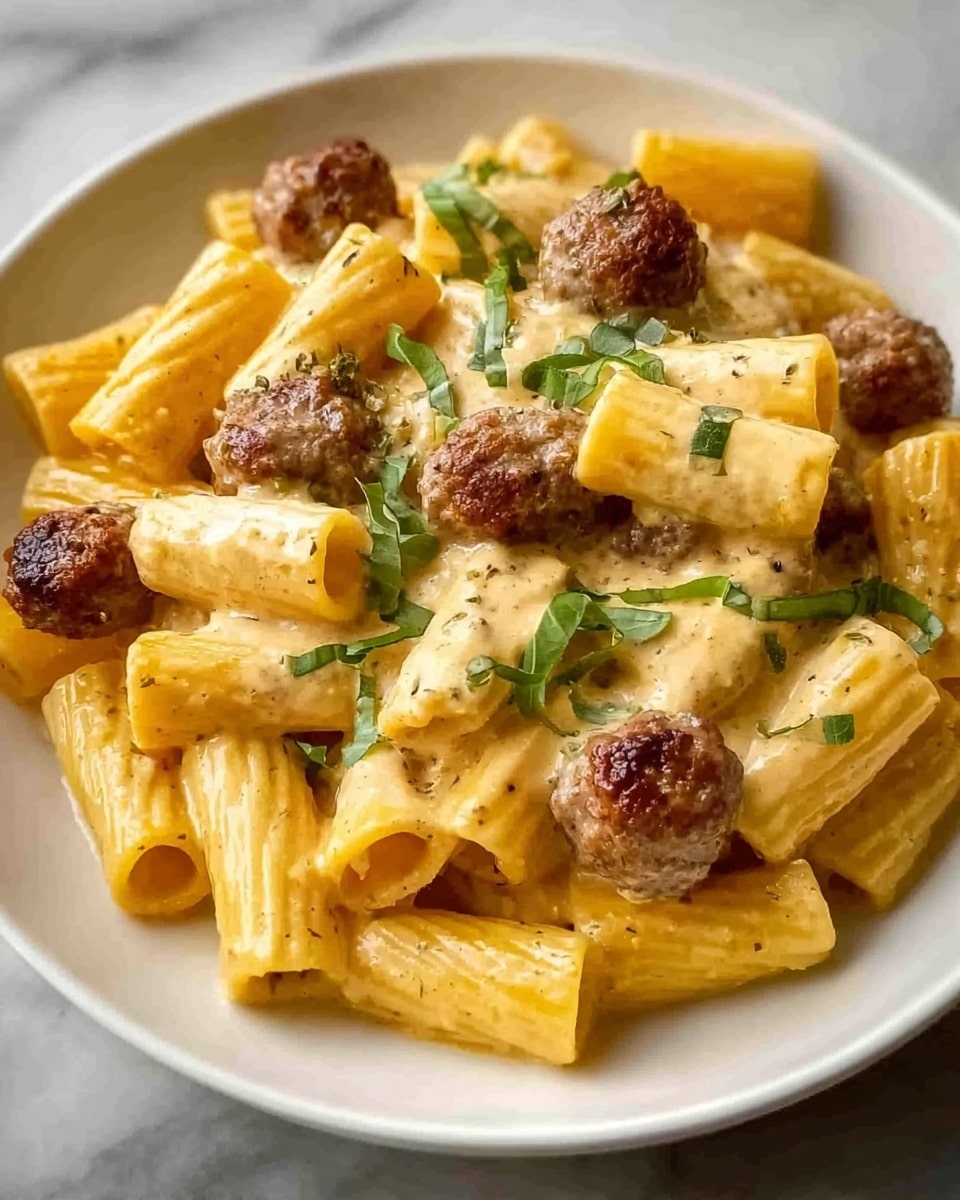 A white plate filled with a creamy yellow pasta sauce covering rigatoni noodles, topped with small, round brown meatballs scattered evenly. There are small green herb leaves sprinkled over the dish, adding a fresh touch. The pasta and meatballs appear moist and rich, arranged neatly on a white marbled surface. photo taken with an iphone --ar 4:5 --v 7