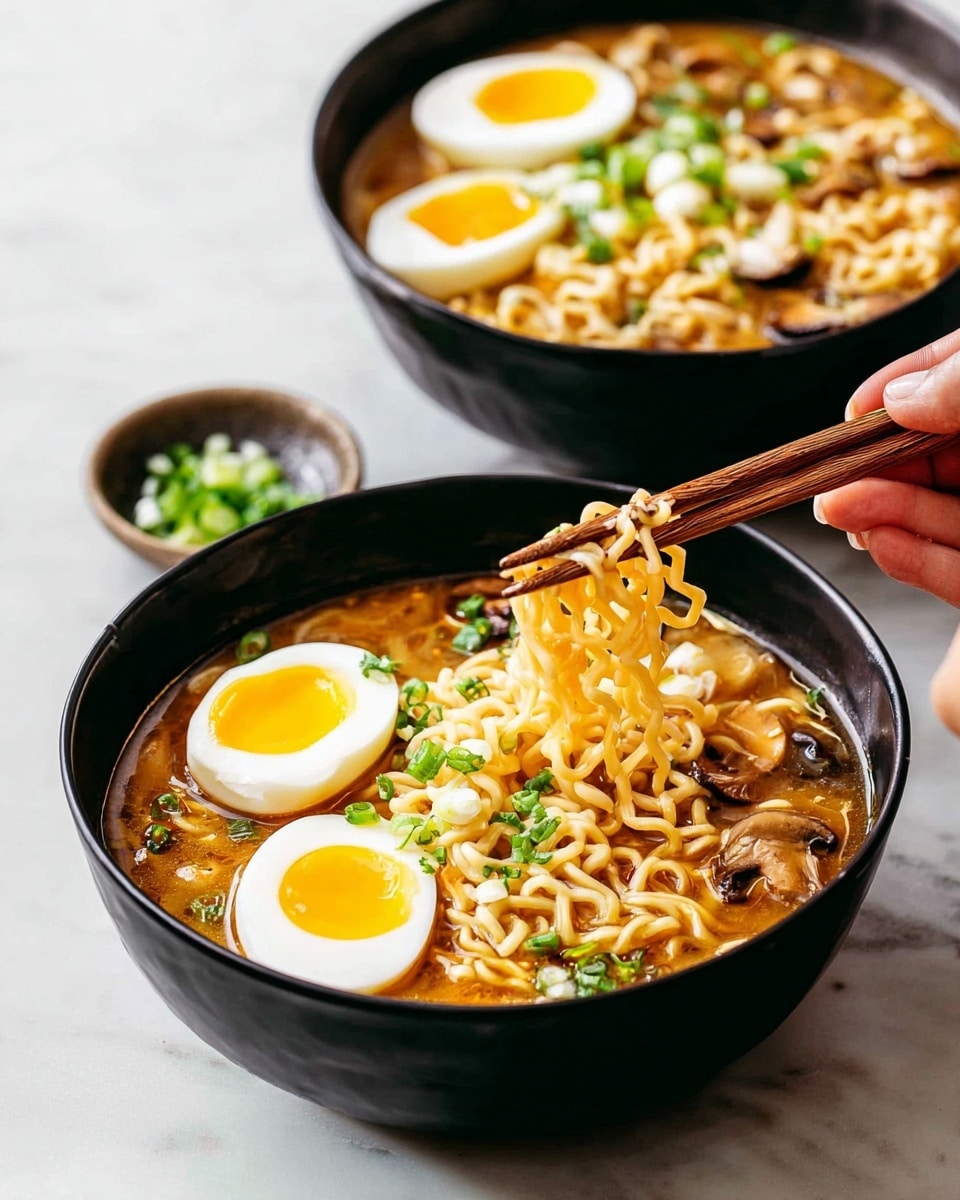 Two black bowls of ramen sit on a white marbled surface. Each bowl holds broth with light brown noodles, small chopped green onions, and soft-boiled eggs cut in half with bright yellow yolks and white edges placed on top near the side. One bowl is closer with a woman's hand holding wooden chopsticks lifting some curly noodles above the bowl, showing their wavy texture. The broth has bits of mushrooms and other small ingredients mixed in. The background is softly blurred, focusing on the bowl in the front. photo taken with an iphone --ar 4:5 --v 7