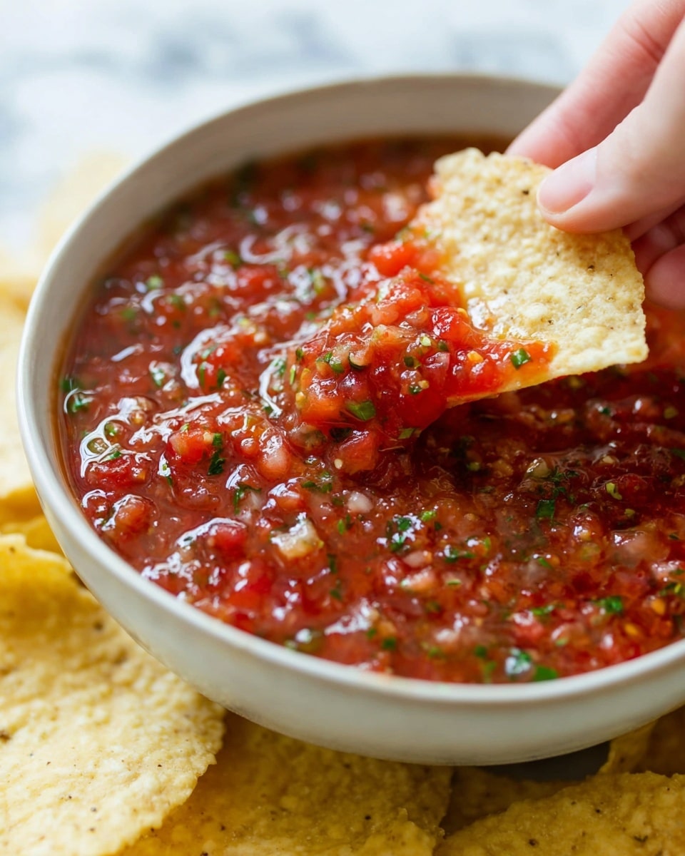 A close-up view of a white bowl filled with red salsa, showing a thick texture with visible small pieces of tomatoes, green herbs, and bits of onions mixed throughout. A woman's hand gently holds a light yellow corn chip with a rough texture, dipping it into the salsa, with some salsa scooped on the chip. The background has a white marbled surface with more chips visible blurred around the bowl. Photo taken with an iphone --ar 4:5 --v 7