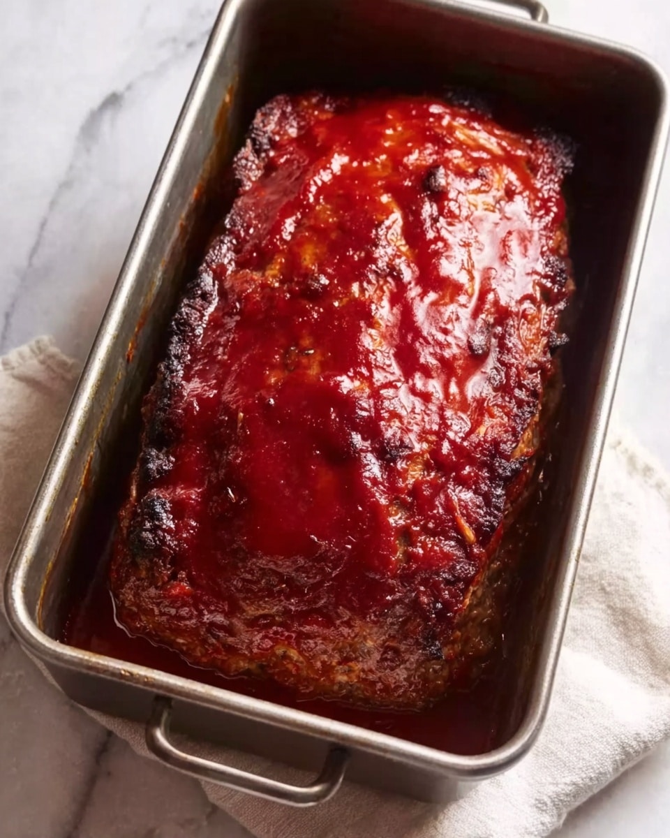 The image shows a rectangular metal baking pan filled with a single loaf-shaped meatloaf. The meatloaf has a dark brown crust with a thick, shiny layer of red tomato sauce spread evenly on top, giving a moist and slightly sticky look. The surface texture of the meatloaf is rough and uneven, with visible charred spots adding a charred, rustic appearance. The pan is placed on a white marbled surface with a light cloth partially visible under the front of the pan. Photo taken with an iphone --ar 4:5 --v 7