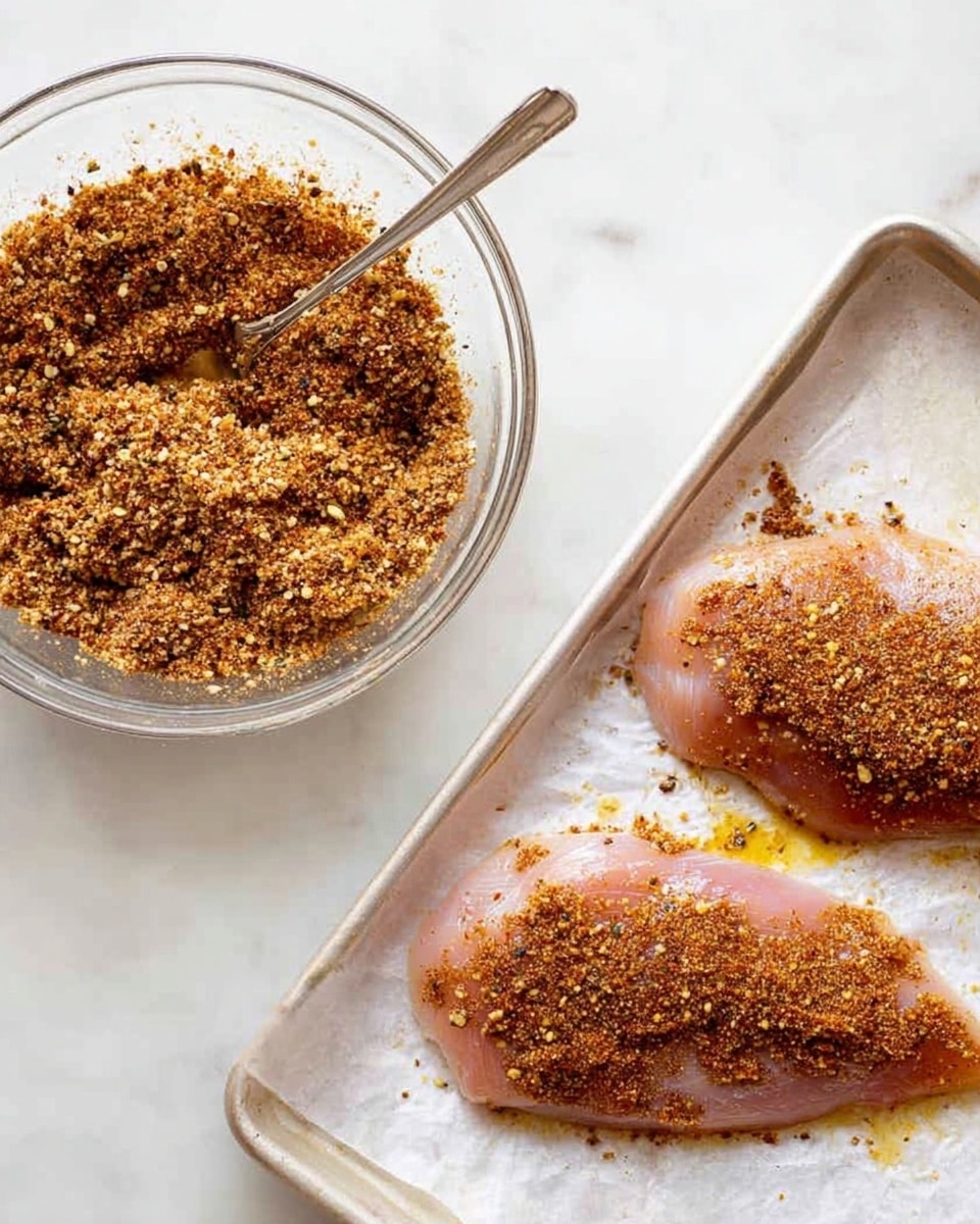 The image shows two parts side by side on a white marbled surface. On the left, there is a clear glass bowl filled with a brown spice mixture that looks coarse and grainy, with small bits of seeds and herbs visible. A silver spoon rests inside the bowl, partly buried in the spice mix. On the right, two raw pieces of chicken fillets lie flat on a white baking sheet lined with foil. Each piece is covered evenly with a layer of the same brown spice mixture, which crowns the smooth pink surface of the meat. Small spots of yellow oil shine faintly through the spices on the chicken. The scene is bright and clear, showing textures of the spices and raw meat. photo taken with an iphone --ar 4:5 --v 7