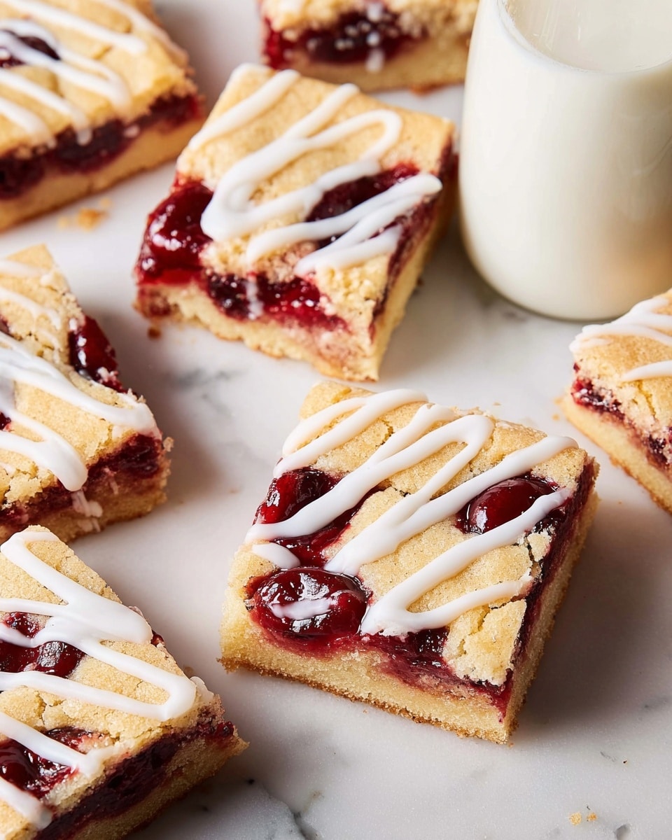 The image shows a stack of three square fruit bars with a golden crust base and top layer. Between these layers is a thick, dark red fruit filling that looks rich and jammy. The top crust has a drizzle of white icing creating a thin, wavy pattern. Around the stack, there are more fruit bars laid flat on a white marbled surface, and in the background, a clear glass bottle filled with milk and a red and white striped straw is visible. The overall look is inviting and fresh. Photo taken with an iphone --ar 4:5 --v 7