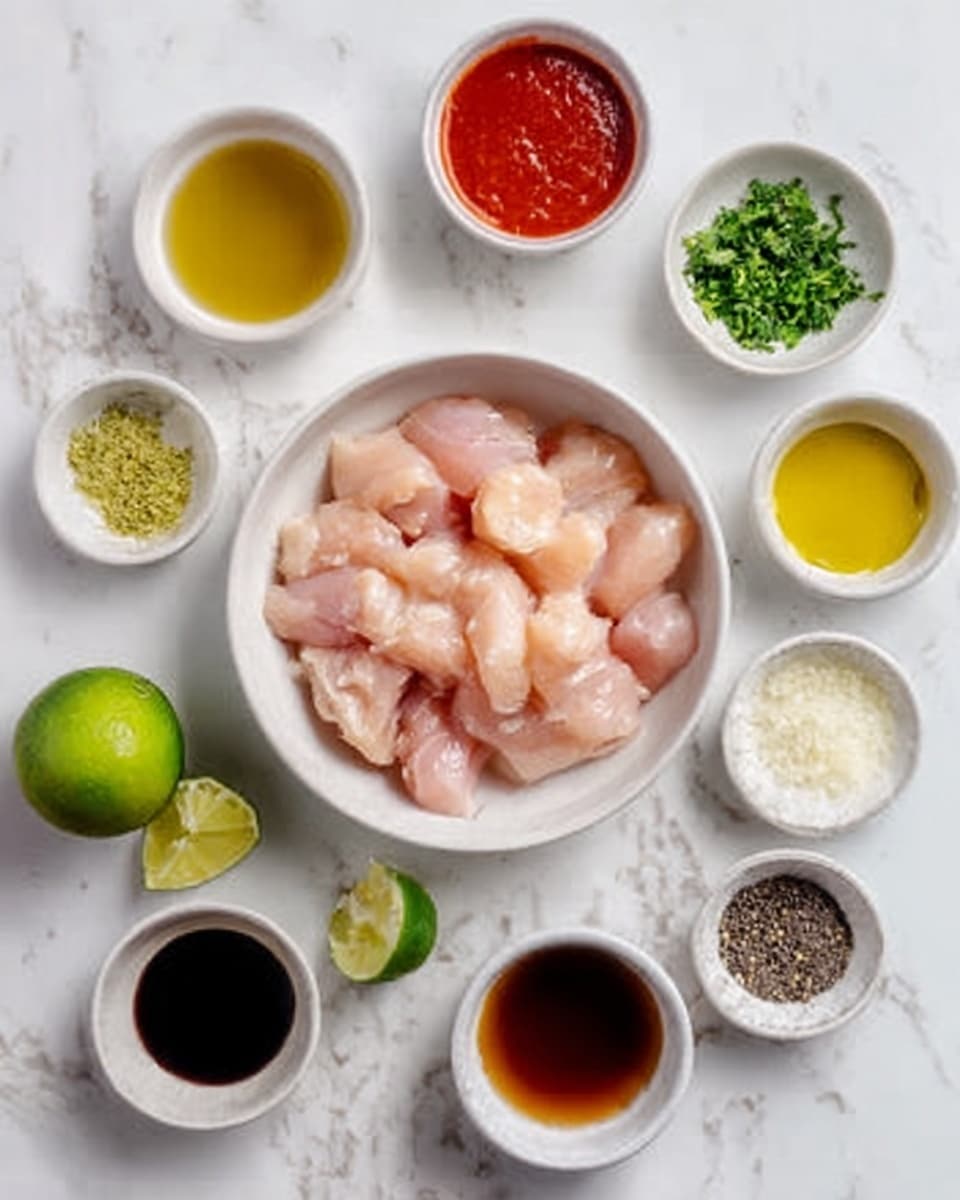 A top-down view of a white bowl in the center filled with raw, pale pink chicken pieces. Around it, there are small white bowls arranged on a white marbled surface, each containing a different ingredient: bright red sauce, green limes, golden yellow oil, light brown liquid, dark soy sauce, chopped green herbs, white granulated powder, minced garlic, mixed black and white peppercorns, and a clear liquid. The scene is clean and bright with all bowls and ingredients clearly visible. Photo taken with an iphone --ar 4:5 --v 7
