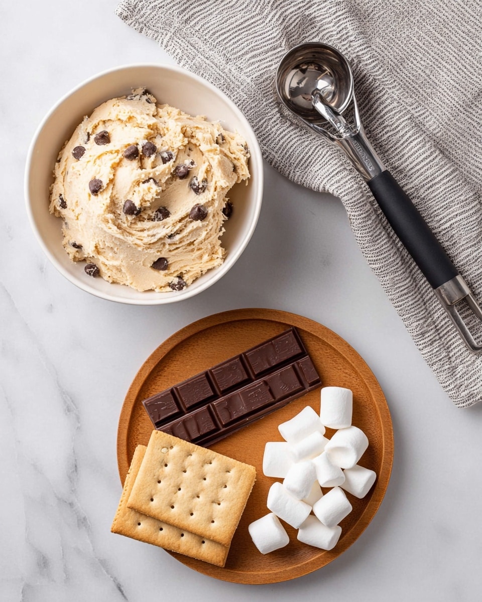 The image shows a top view of baking ingredients on a white marbled surface. On the left side, there is a white bowl filled with light tan cookie dough mixed with small dark chocolate chips, the dough textured and soft. To the lower right, a round wooden plate holds three layers: a flat bar of dark brown chocolate at the top, two square light beige graham crackers stacked below the chocolate, and around the crackers, several large, white marshmallows scattered in a small pile. Above the plate, a metal ice cream scoop with a black handle rests on the surface. A gray and white striped cloth is folded and placed in the top right corner. Photo taken with an iphone --ar 4:5 --v 7