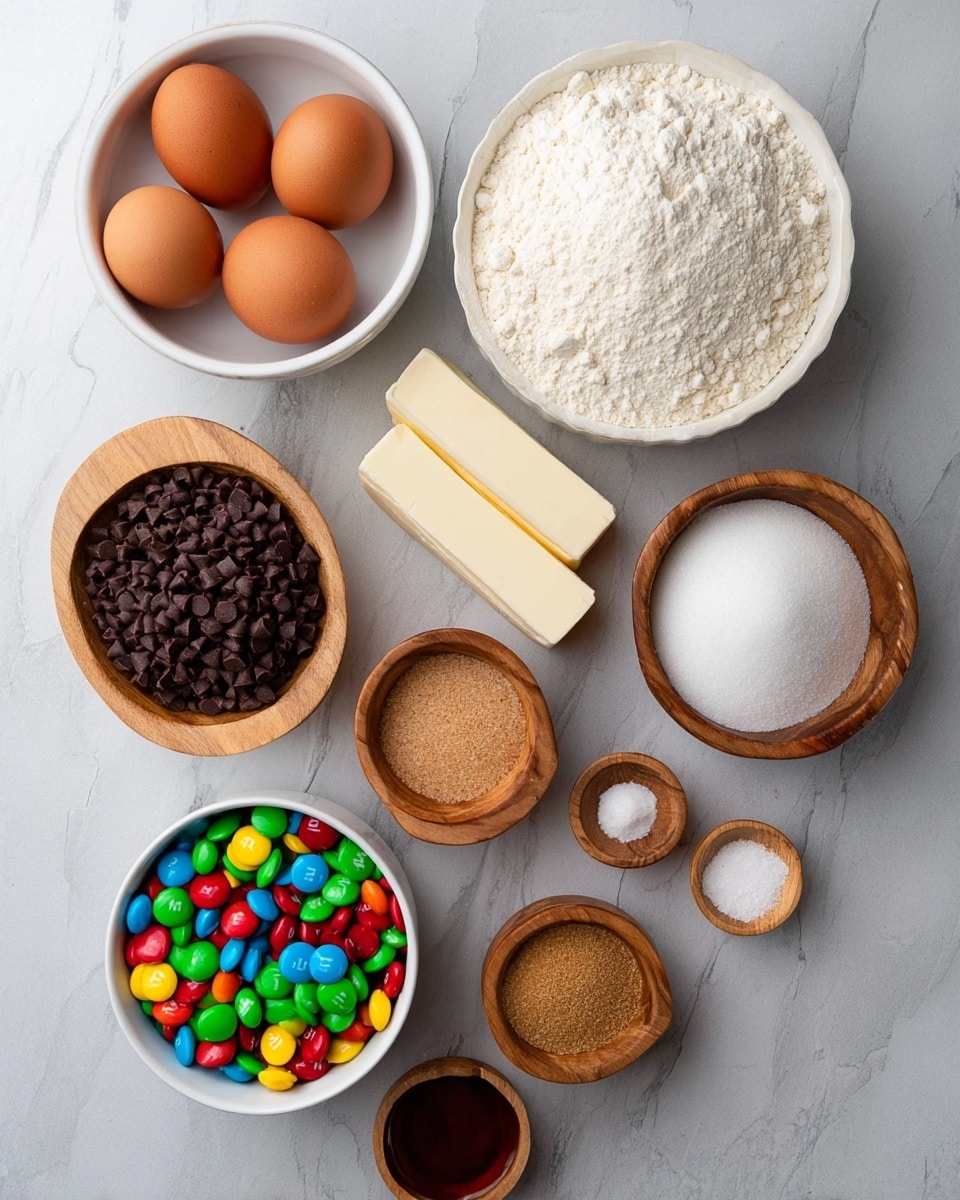 The image shows several baking ingredients arranged on a white marbled surface. There are three brown eggs sitting in a white bowl on the top left and a large white bowl full of white flour on the top right. Below the eggs are two white sticks of butter in paper wrappers. In the middle, there is a small wooden bowl filled with dark chocolate chips and a wooden bowl with white sugar to the right of it. Below these, there is a small round wooden bowl with light brown sugar, and nearby are three tiny wooden bowls with salt, baking soda, and vanilla extract in them. In the bottom left, there is a white cup filled with colorful candy-coated chocolates. The items are all well spaced and clearly visible. photo taken with an iphone --ar 4:5 --v 7