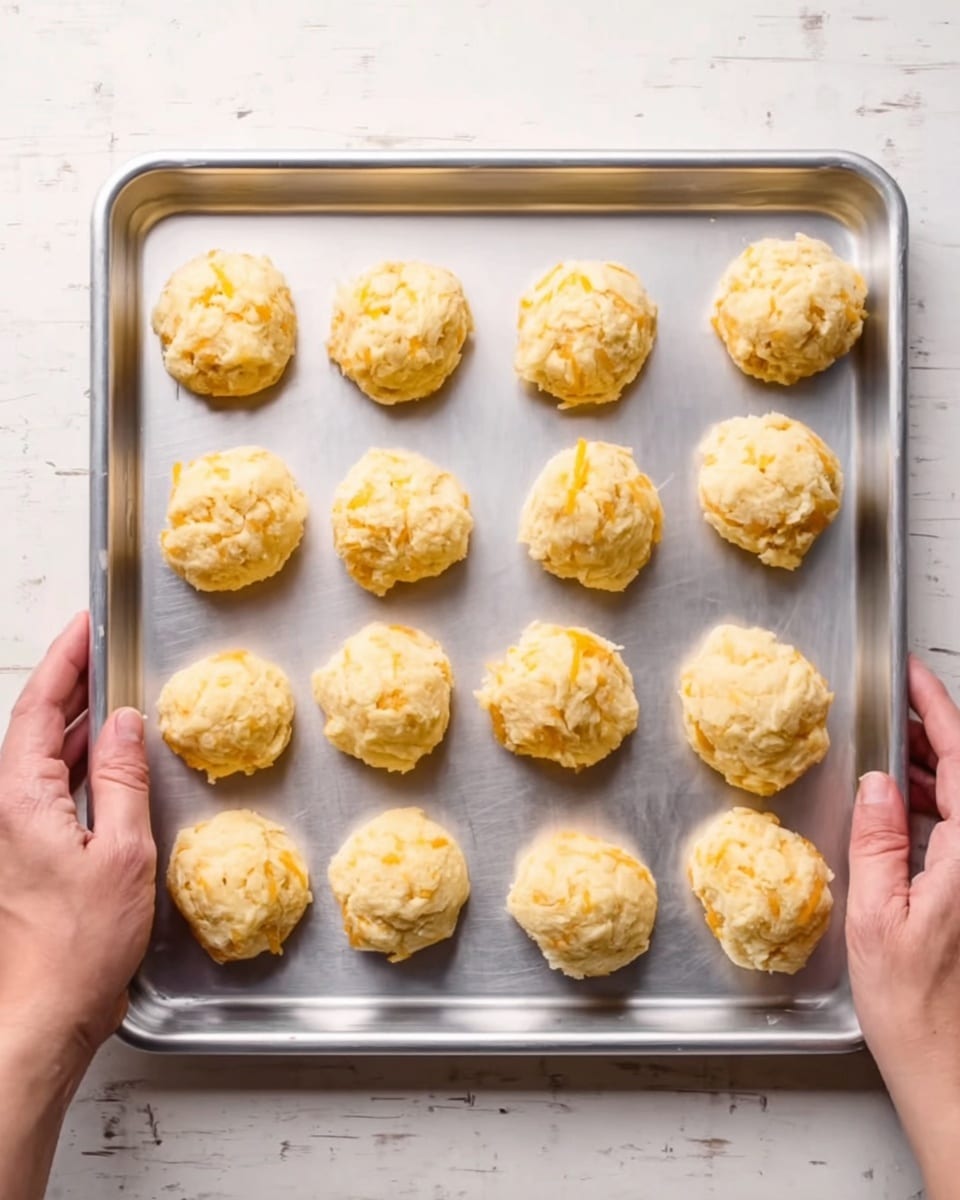 A silver metal baking tray holds twelve rough round dough balls arranged in three rows and four columns. Each dough ball is pale yellow with some darker yellow spots of cheese or similar ingredient, showing a soft and uneven texture. The tray is held by two woman's hands, one on each side, above a white marbled surface visible at the tray edges. The composition shows the focus on the raw dough balls before baking. Photo taken with an iphone --ar 4:5 --v 7