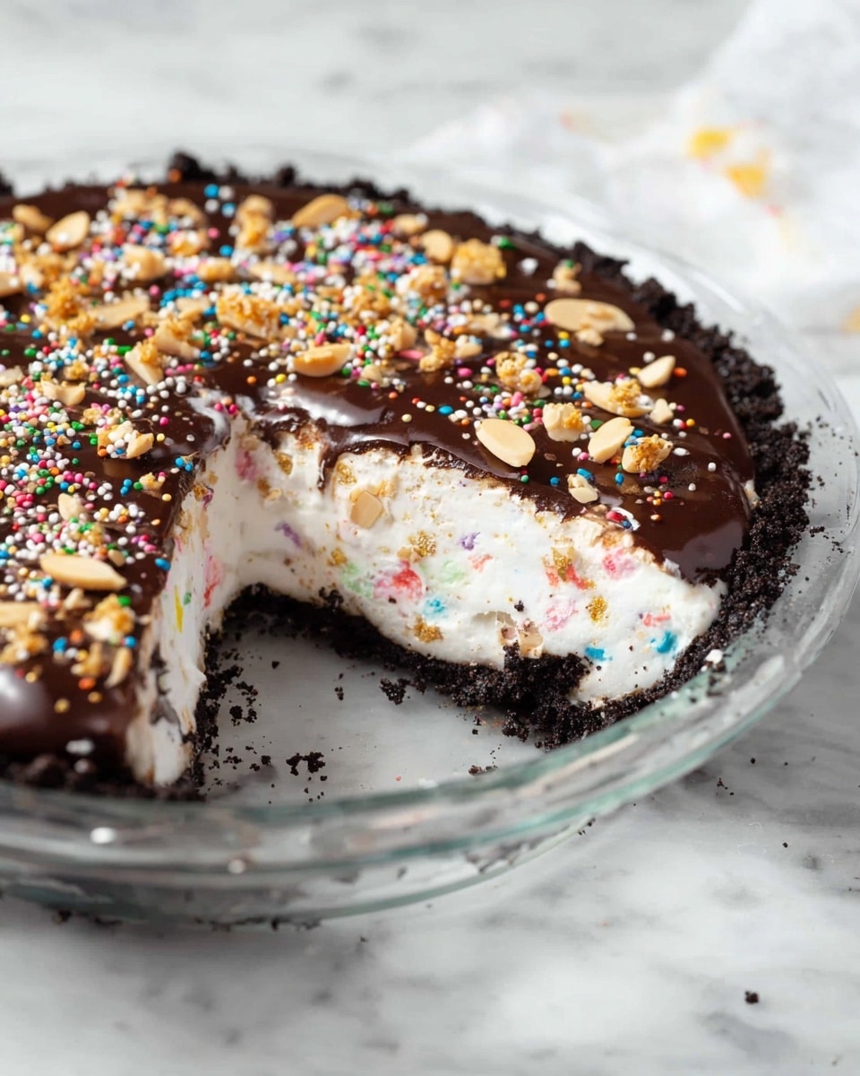 A round dessert with three layers is shown in a clear glass pie plate on a white marbled surface. The bottom layer is a thick, dark chocolate crust with a crumbly texture. The middle layer is a thick, white cream mixed with small colorful sprinkles, giving it a festive look. The top layer is a shiny dark chocolate glaze, sprinkled with golden toasted almond slices and more colorful sprinkles. One slice is removed, exposing the inside layers clearly. Photo taken with an iphone --ar 4:5 --v 7